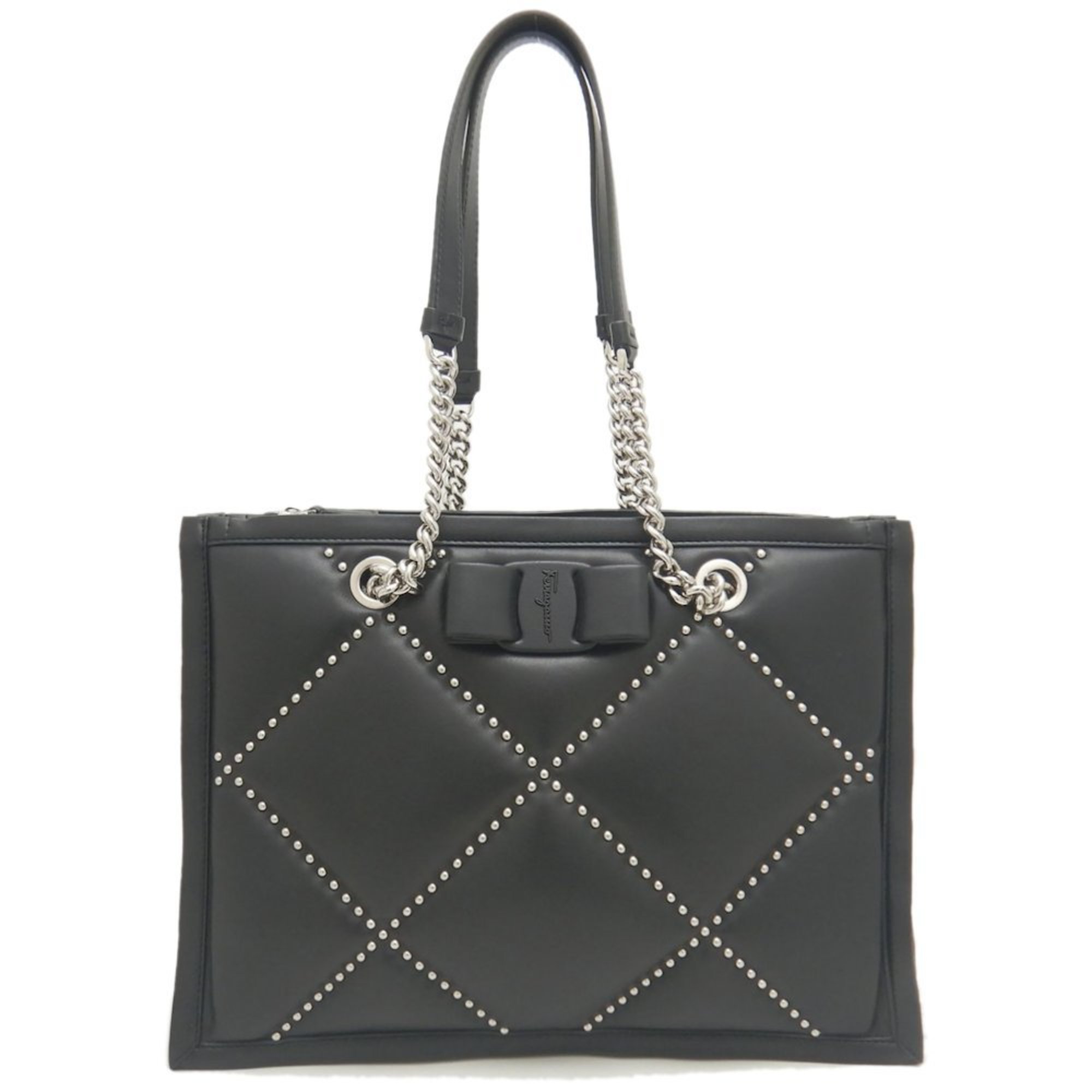 Salvatore Ferragamo Chain Tote GG-21 2493 Bag Studs Vara Leather Black 252155