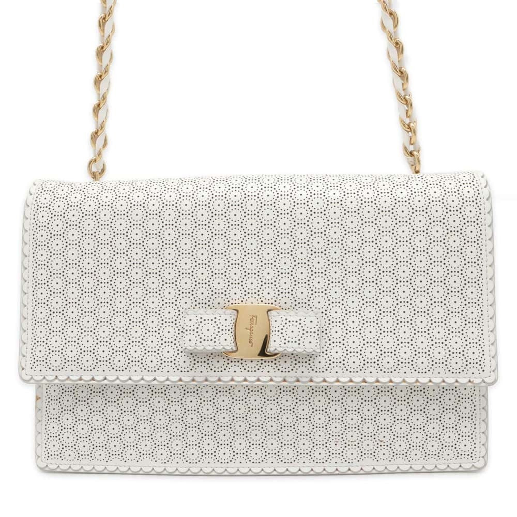 Salvatore Ferragamo Shoulder Bag Vara Perforated Leather AU21 F003 White