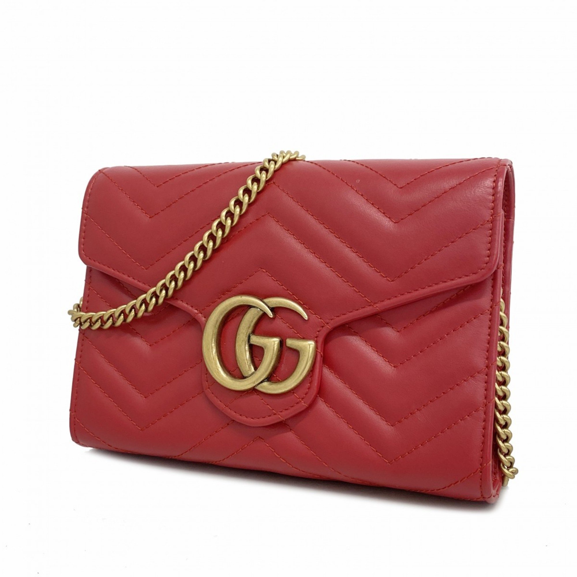 Gucci Shoulder Wallet GG Marmont 474575 Leather Red Women's