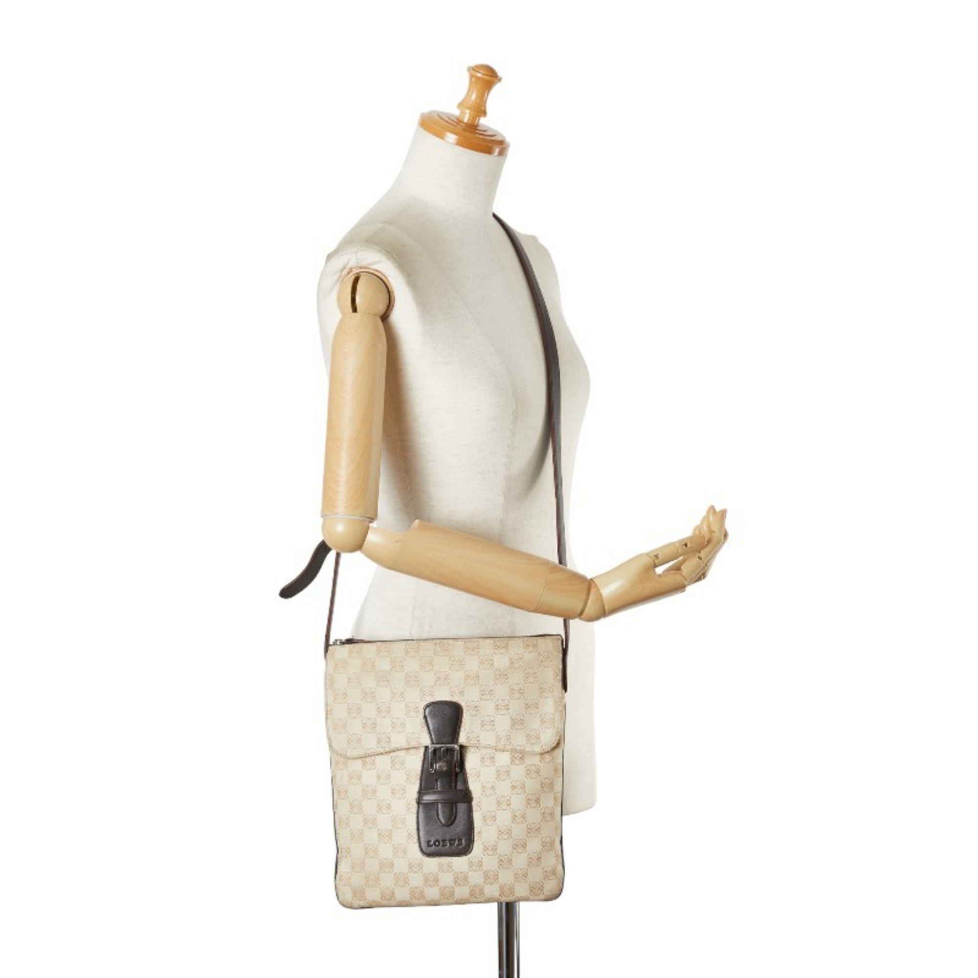 LOEWE Anagram Embossed Shoulder Bag Beige Canvas Leather Women's