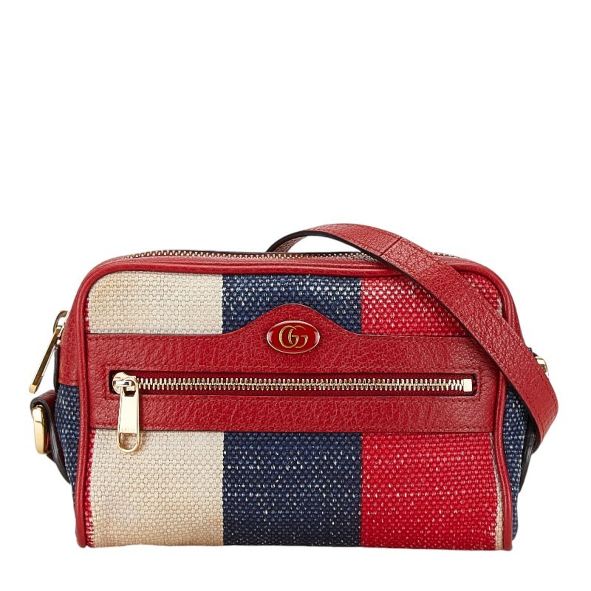 Gucci GG Jacquard Off-White Shoulder Bag 517350 Red Blue Leather Canvas Women's GUCCI