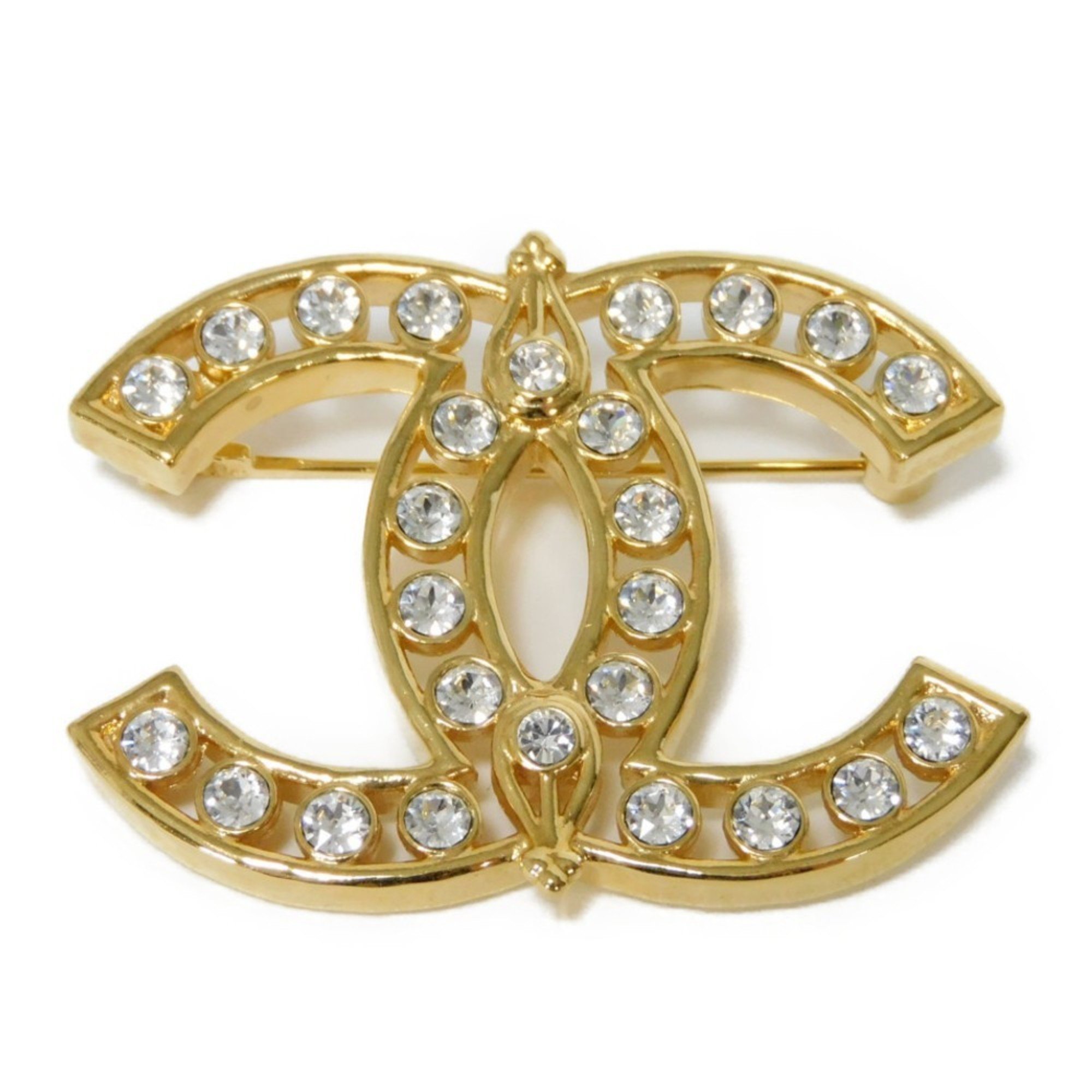 CHANEL Brooch Crystal Coco Mark Strass Rhinestone GP Gold L23A CC Clear Women's