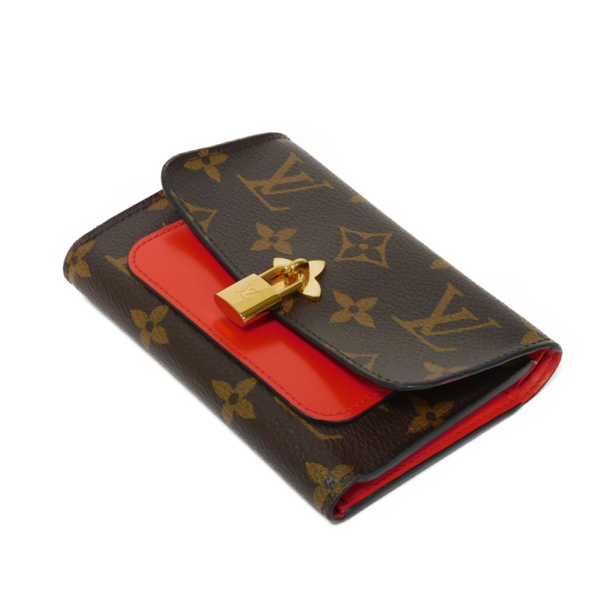 Louis Vuitton LOUIS VUITTON Tri-fold Wallet Portefeuille Flower Compact LV Red Padlock Monogram Coquelicot M62567 Women's Billfold