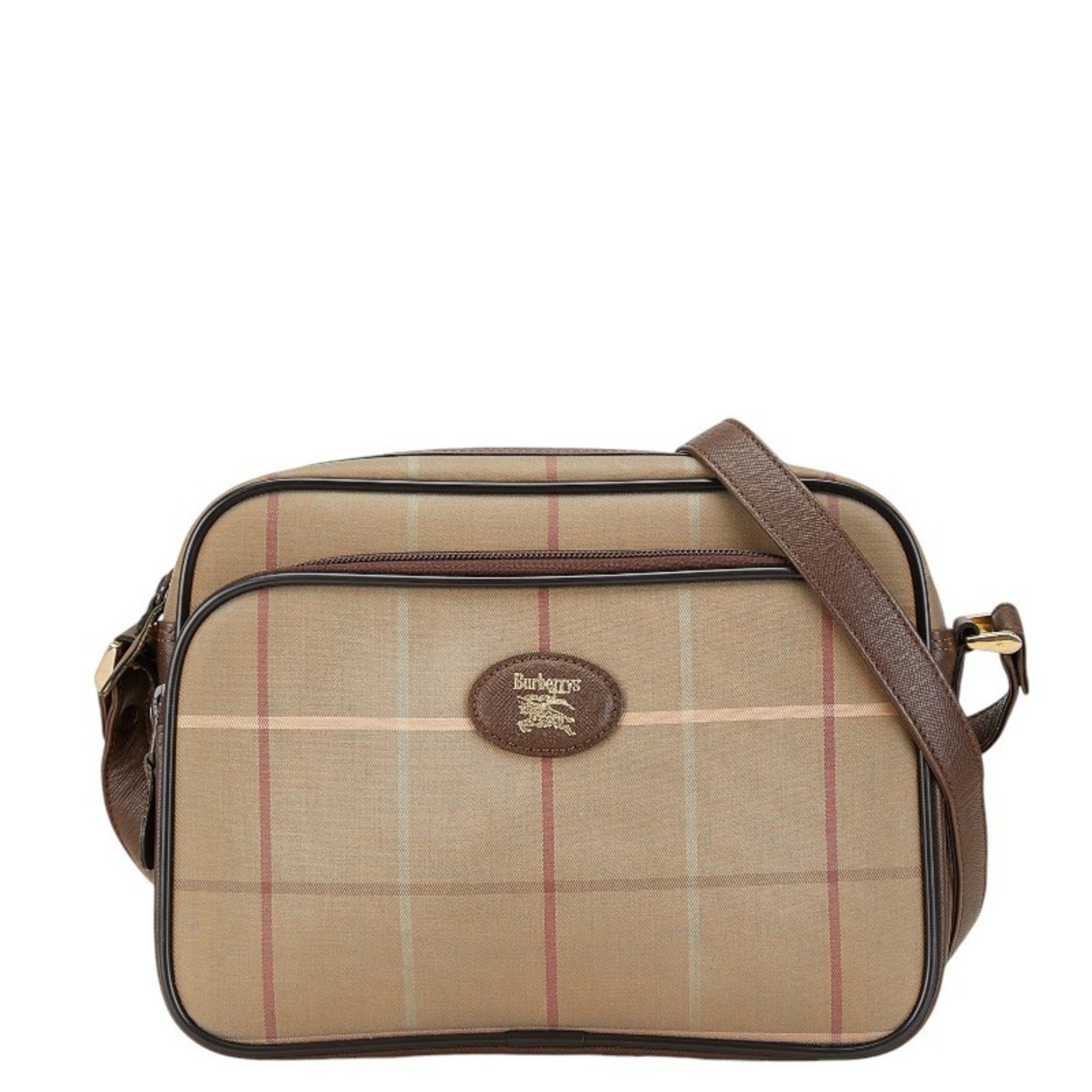 Burberry Check Shadow Horse Shoulder Bag Beige Brown Canvas Leather Women's BURBERRY