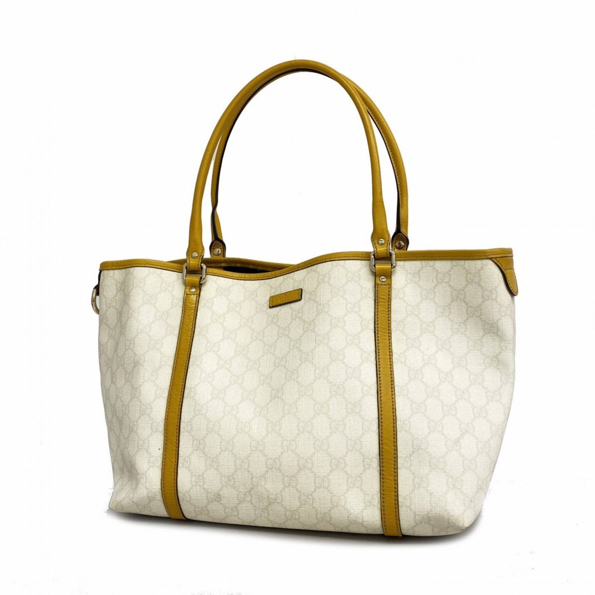 Gucci Tote Bag GG Supreme 197953 Leather White Yellow Champagne Women's