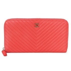 Chanel CHANEL Long Wallet Chevron Zip V Stitch 2 Round Coco Mark Coral Pink A50097 Women's Bill Compartment