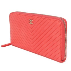 Chanel CHANEL Long Wallet Chevron Zip V Stitch 2 Round Coco Mark Coral Pink A50097 Women's Bill Compartment