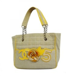 Chanel Tote Bag Camellia Chocolate Bar Canvas Patent Leather Grey Yellow Women's