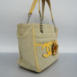 Chanel Tote Bag Camellia Chocolate Bar Canvas Patent Leather Grey Yellow Women's