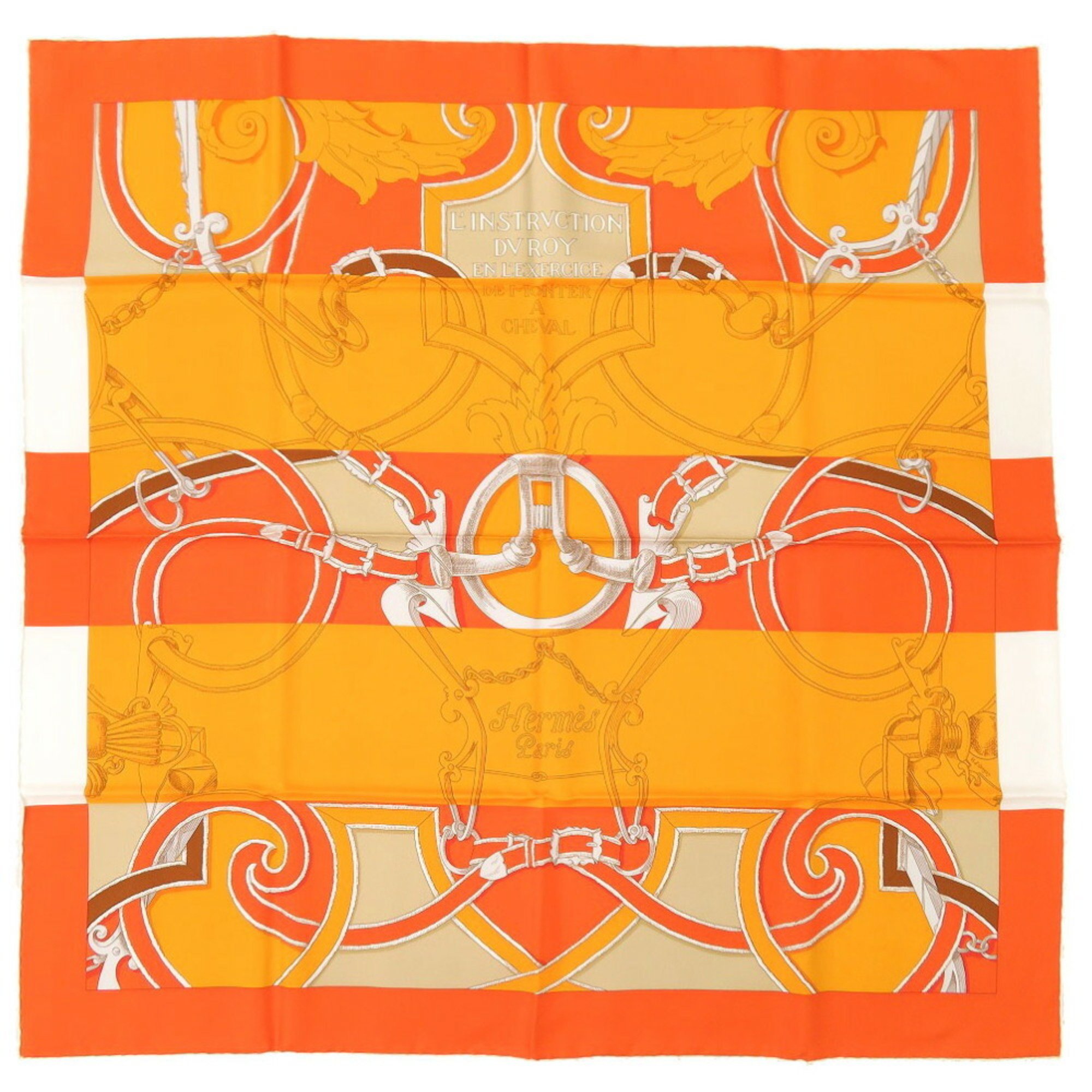 Hermes Carre 90 L'INSTRVCTION DV ROY EN L'EXERCICE The Art of Rule Bayadere Silk Orange White Scarf Muffler 1632HERMES