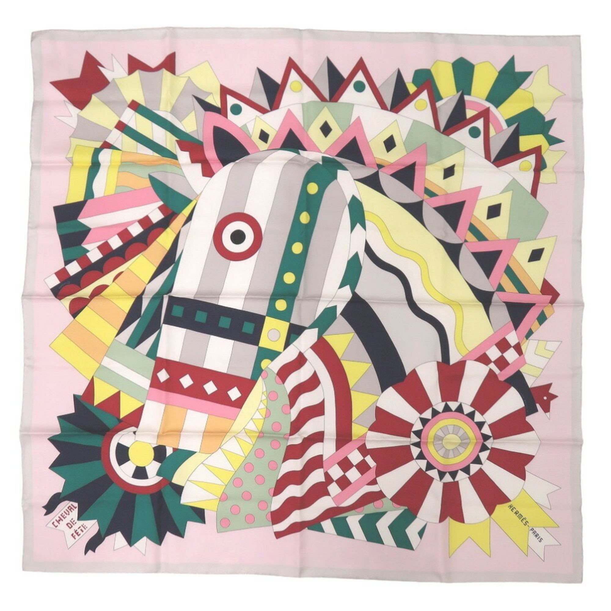 Hermes Carre 90 CHEVAL DE FETE Cheval de Fete Silk Pink ROSE Grey GRIS Scarf Muffler 1014HERMES