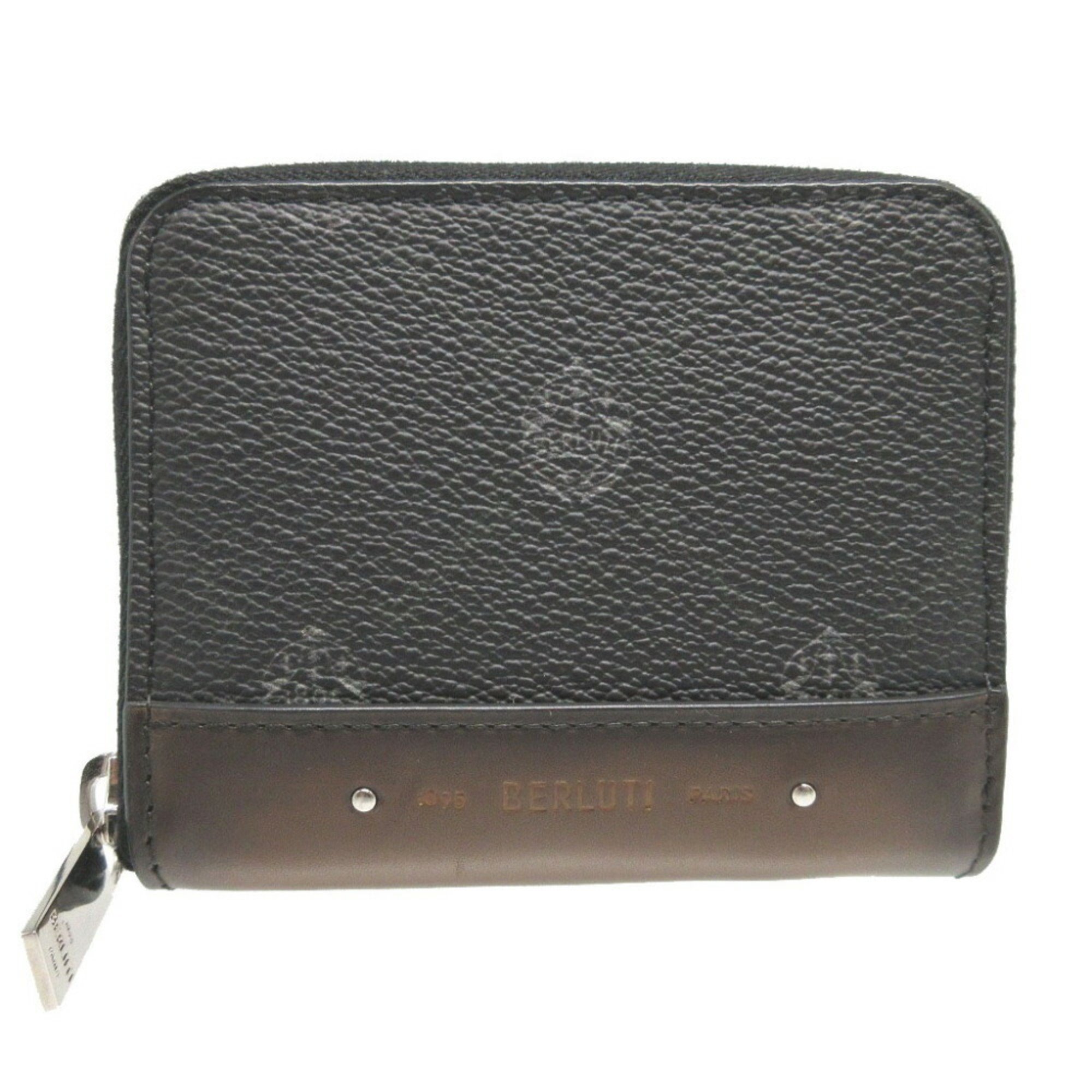 Berluti Wapa Leather Signature Canvas Black Brown Coin Case Wallet 0578BERLUTI