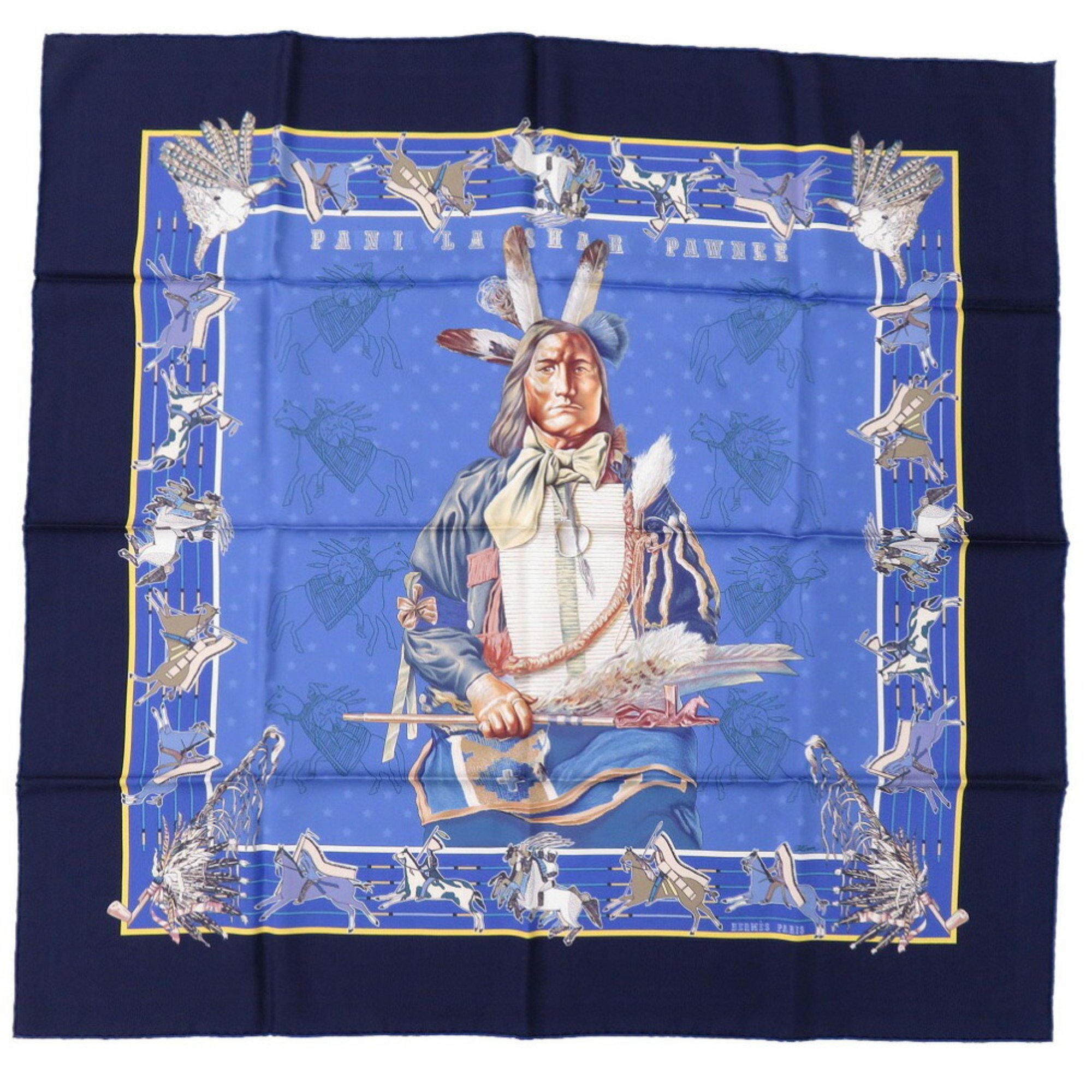 Hermes Carre 90 Pani la Shar Pawnee double face scarf chief silk navy blue 0208HERMES