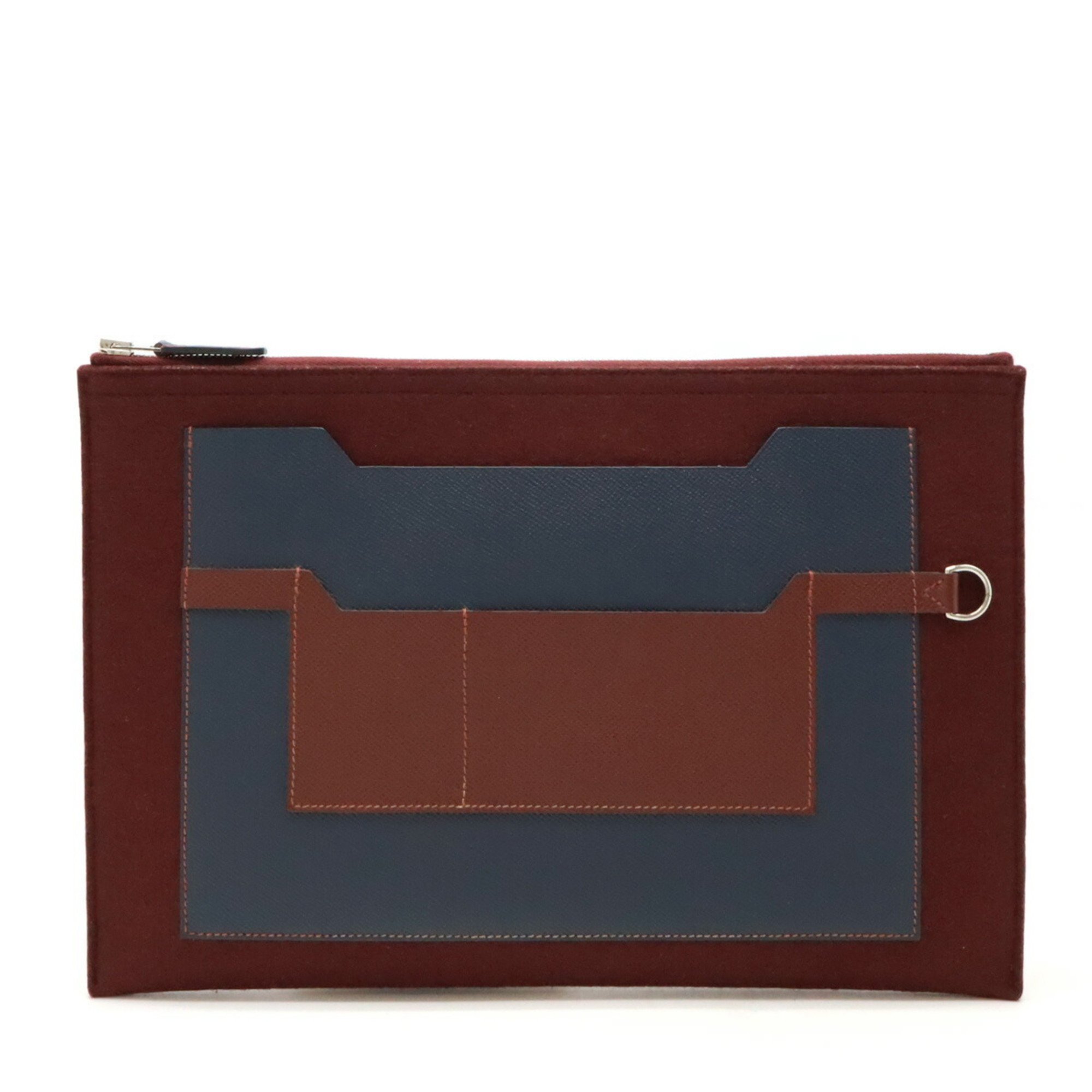 HERMES Toudou 37 Color Block Clutch Bag Felt Epsom Leather Bordeaux Dark Navy C Stamp