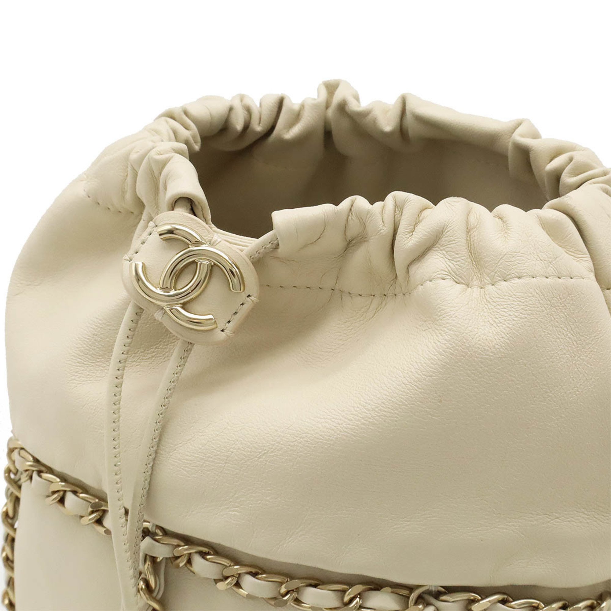 CHANEL Coco Mark Chain Shoulder Bag Bucket Lambskin Leather Ivory AS2313