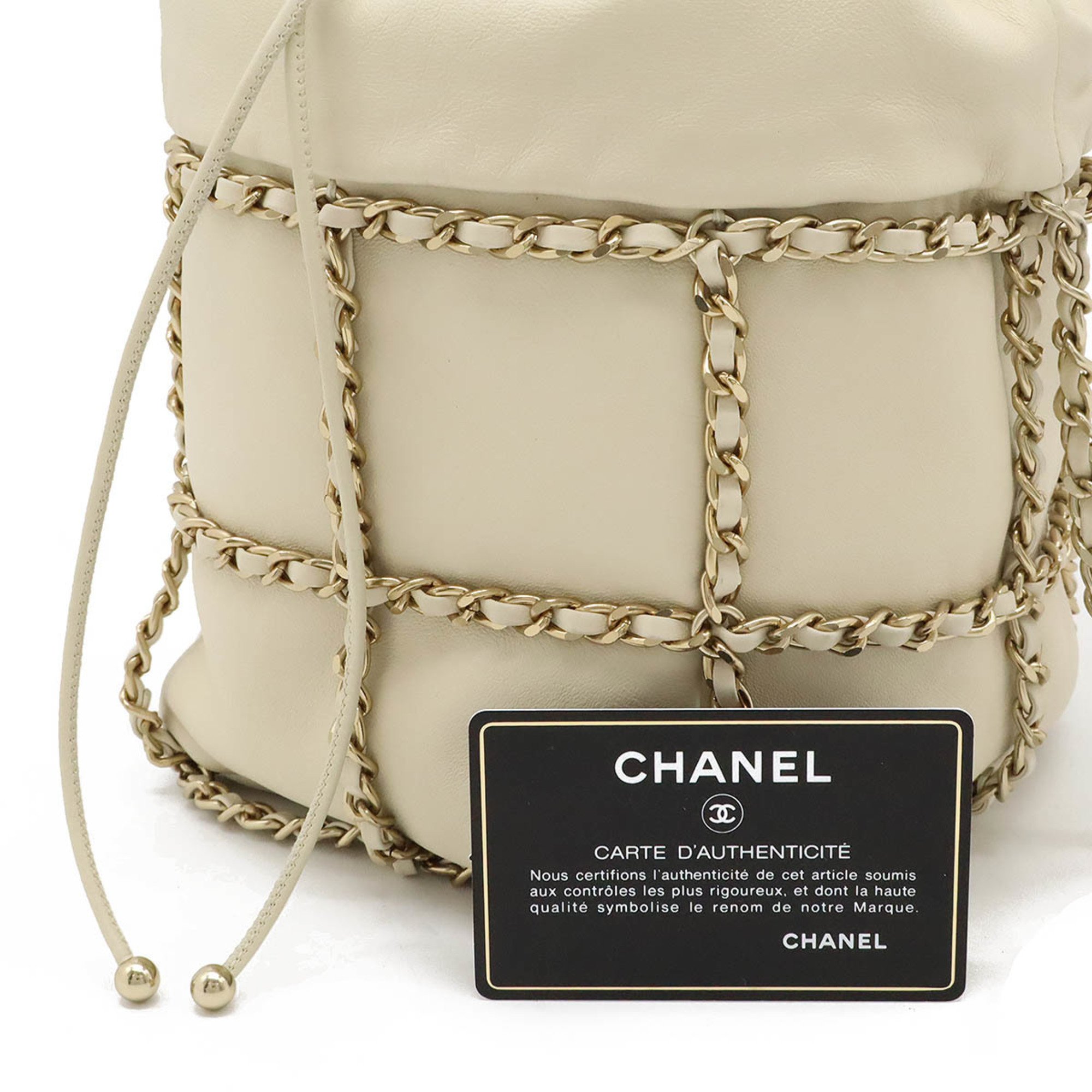 CHANEL Coco Mark Chain Shoulder Bag Bucket Lambskin Leather Ivory AS2313