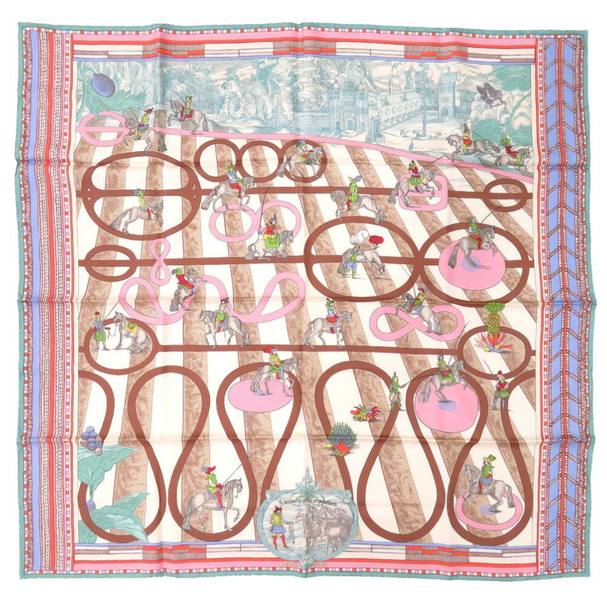 Hermes Carre 90 Double Face Passades et Serpentines Silk Multicolor Crème Vert Rose Scarf Muffler 0776 HERMES