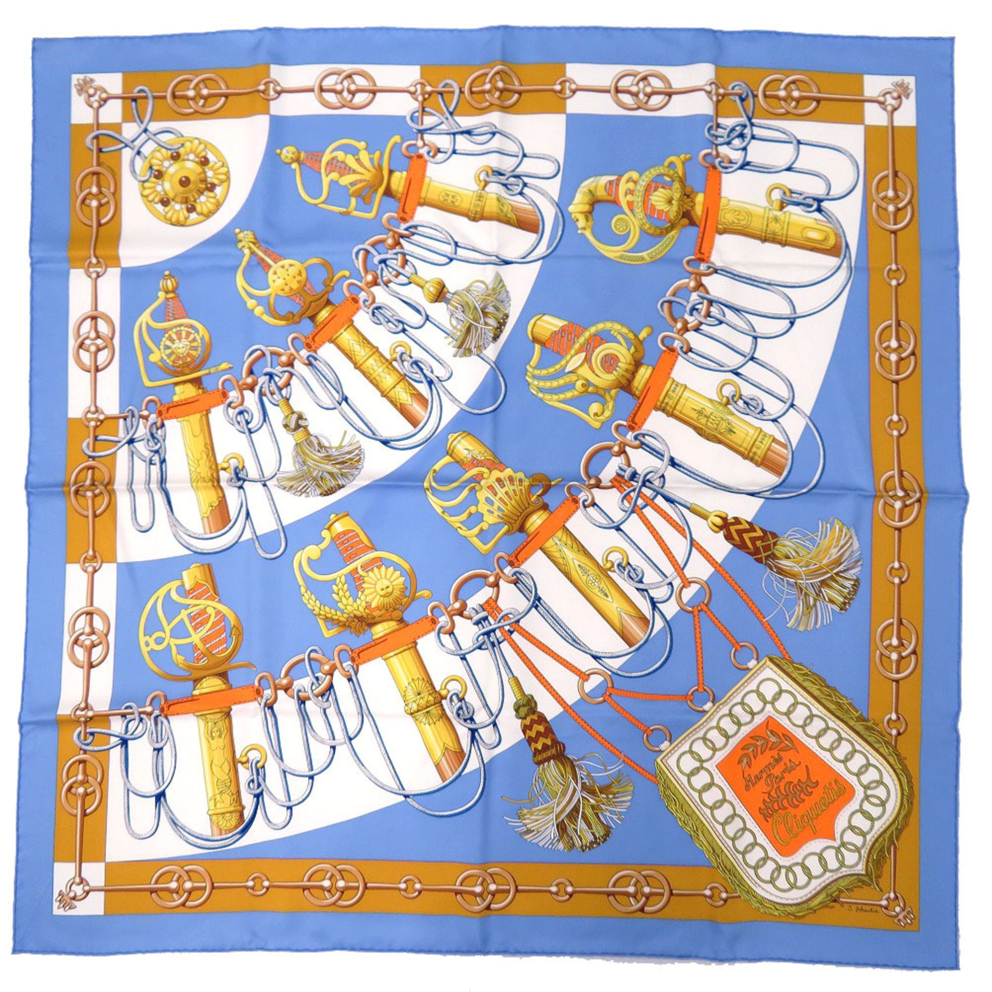 Hermes Carre 90 Cliquetis Silk Blue White Multicolor Scarf Muffler 1366HERMES