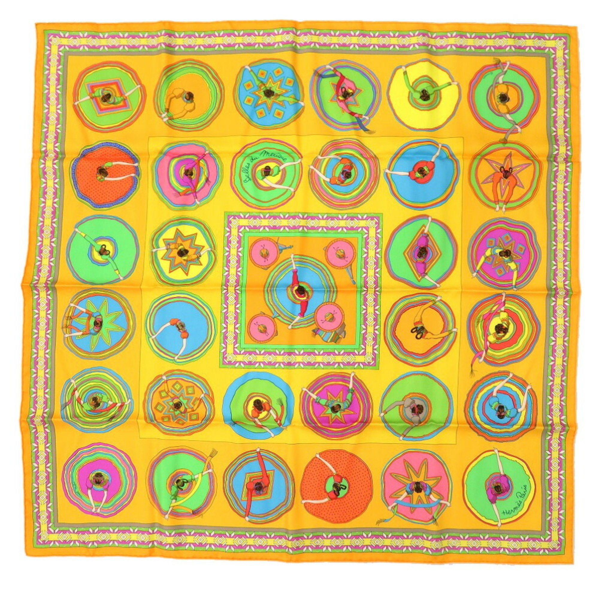 Hermes Carré 90 "Mexican Dance" Belles du Mexique Silk Orange Multicolor Scarf Muffler 1598HERMES