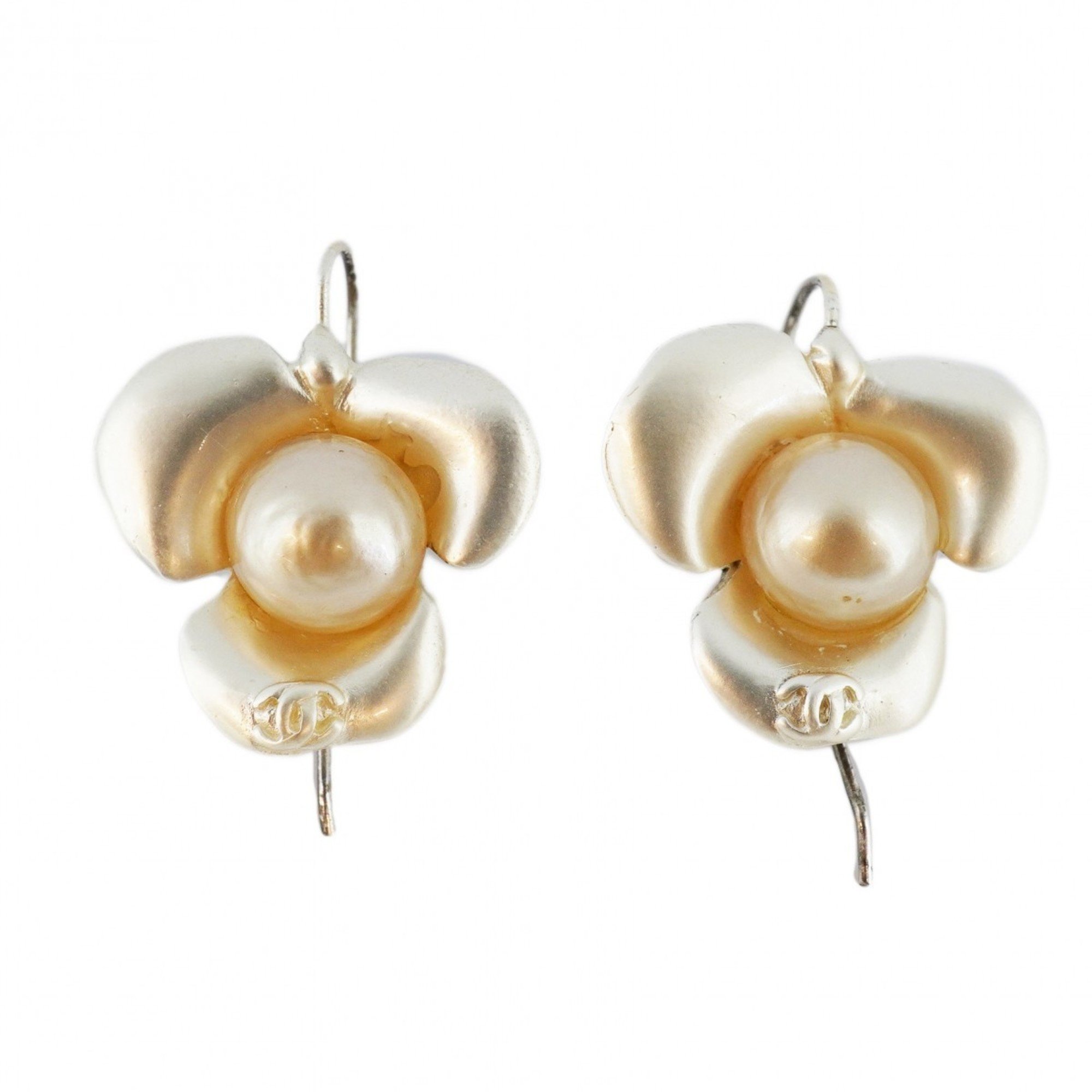 Chanel earrings Coco mark camellia fake pearl metal silver white ladies