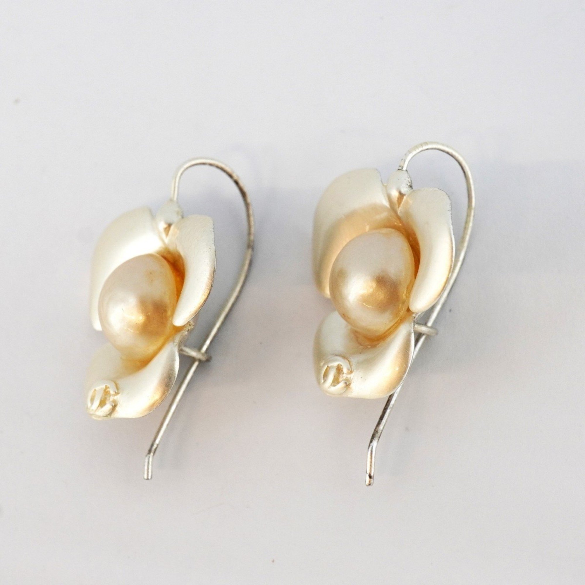 Chanel earrings Coco mark camellia fake pearl metal silver white ladies