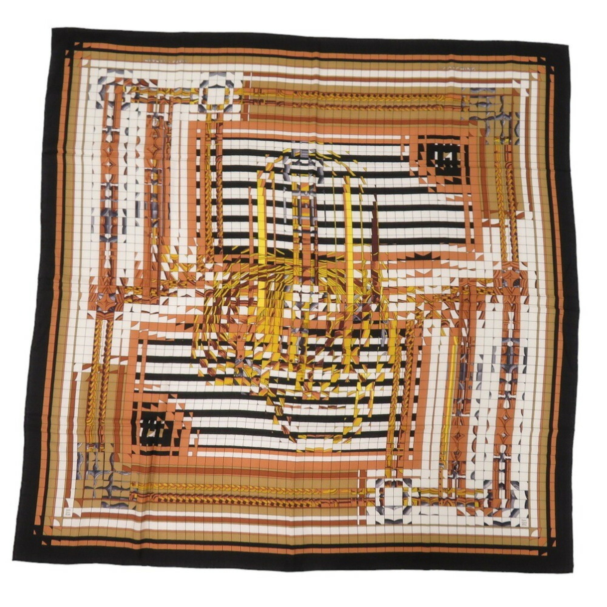 Hermes Carre 140 Carrejuan Coaching Deja-vu COACHIG DE JA-VU Cashmere Silk Black Beige Gold Scarf Muffler Stole 1407HERMES