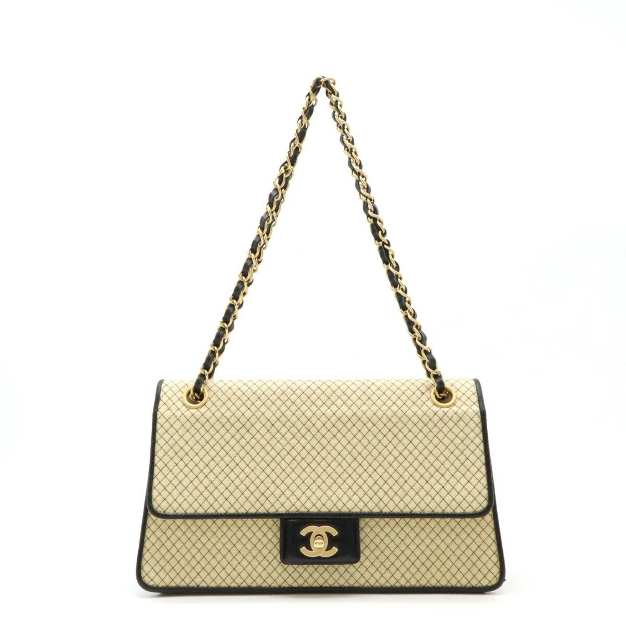 CHANEL Micro Quilted Coco Mark Chain Shoulder Bag Cotton Jersey Enamel Beige Black