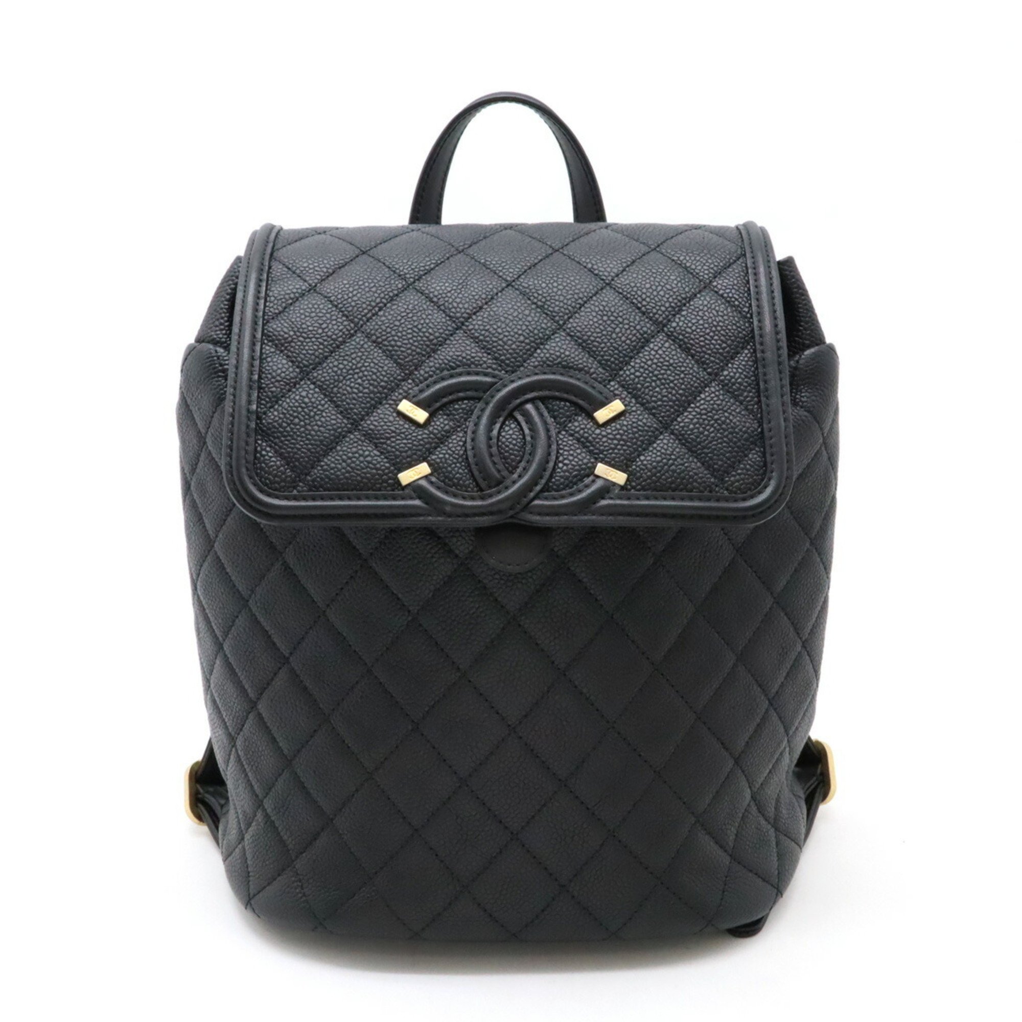 CHANEL CC Filigree Coco Mark Backpack, Caviar Skin Leather, Black A57090