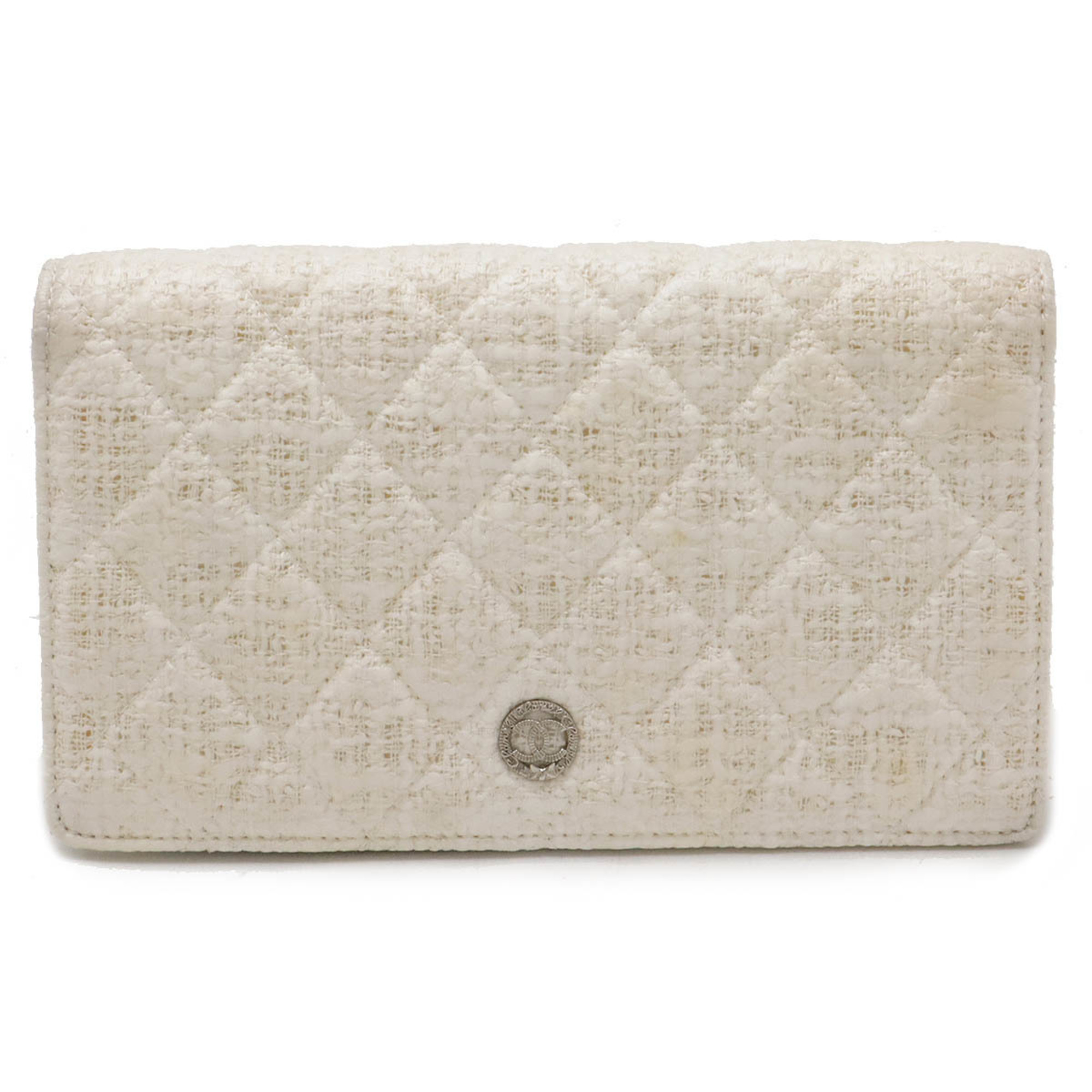 CHANEL Chanel Matelasse New Coco Button Bi-fold Coated Tweed Leather Ivory White