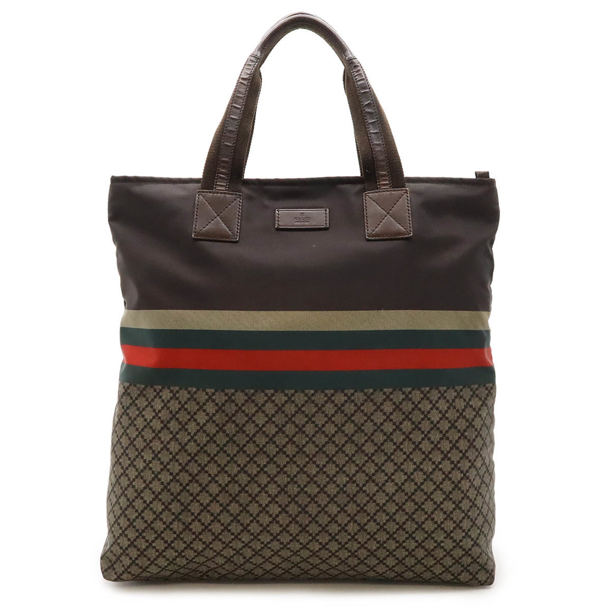 GUCCI Diamante Tote Bag Large Shoulder Nylon Leather Dark Brown Green Red 268112