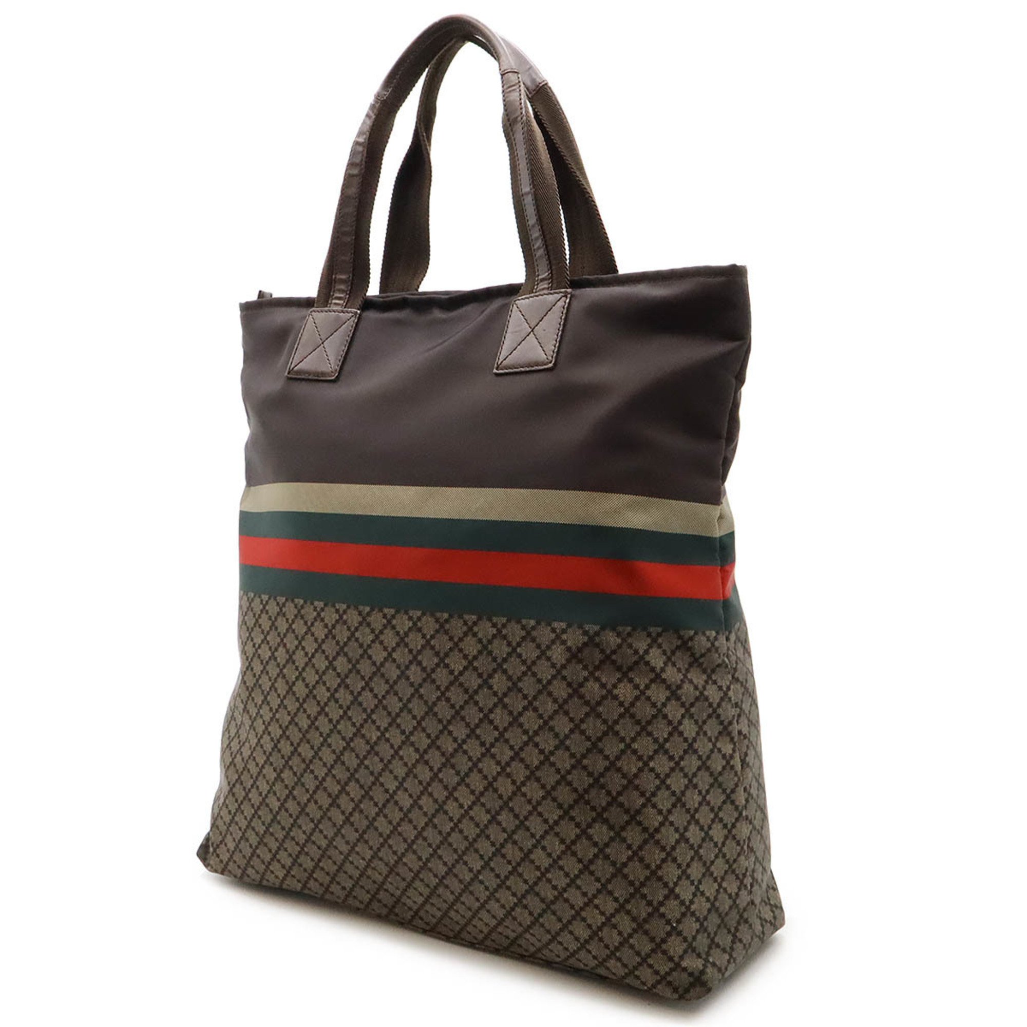 GUCCI Diamante Tote Bag Large Shoulder Nylon Leather Dark Brown Green Red 268112