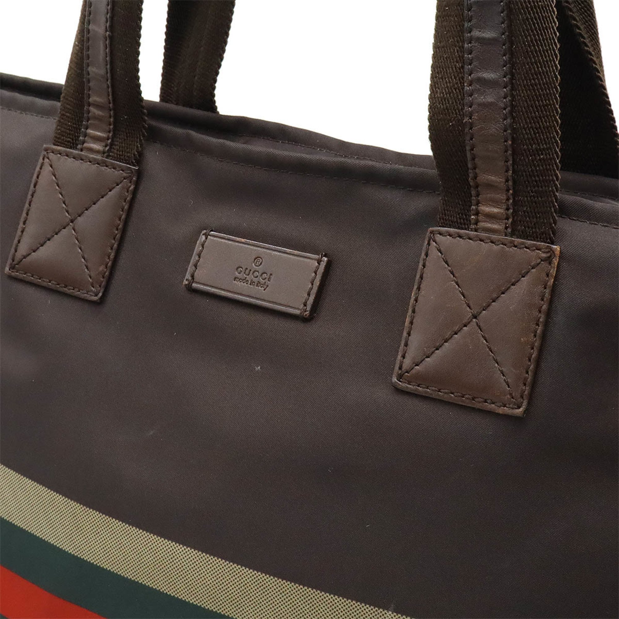 GUCCI Diamante Tote Bag Large Shoulder Nylon Leather Dark Brown Green Red 268112