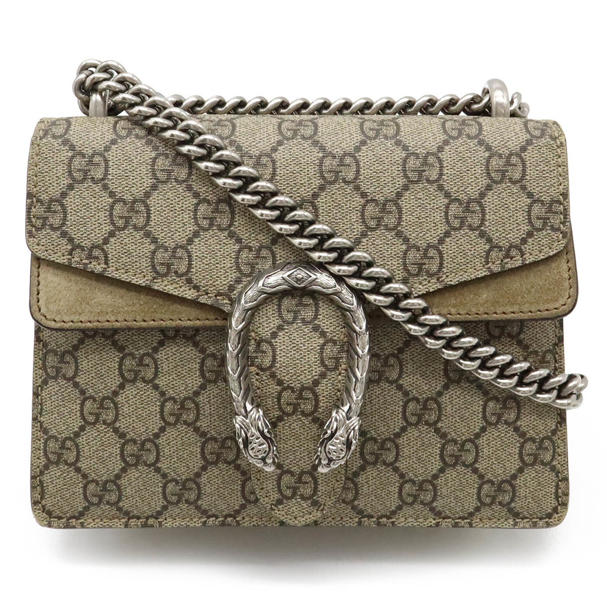 GUCCI Dionysus GG Supreme Chain Bag Shoulder Tiger Head PVC Suede Beige Greige 421970