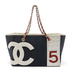 CHANEL Coco Mark No.5 Tote Bag Shoulder Chain Canvas Leather Navy Red Silver A18644