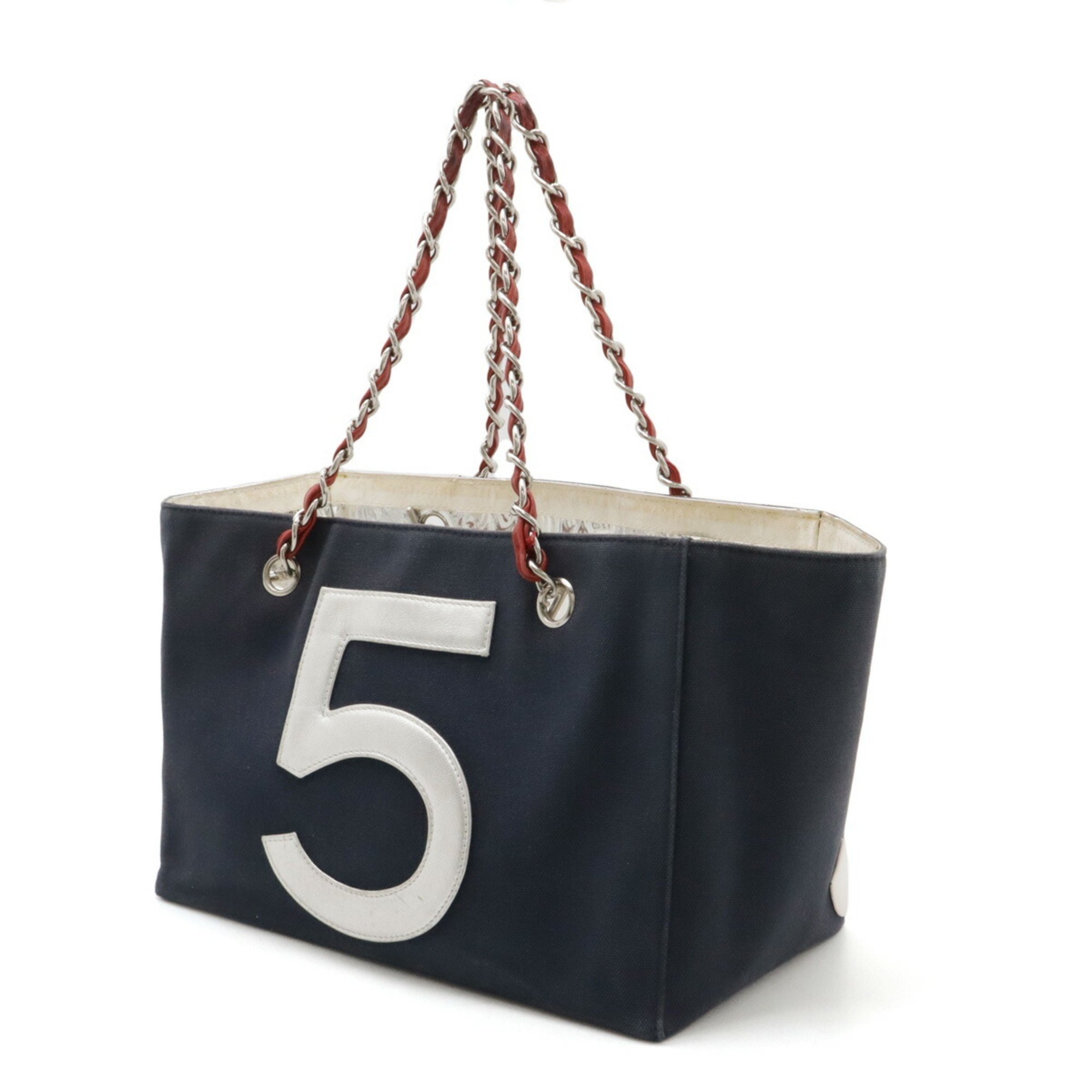 CHANEL Coco Mark No.5 Tote Bag Shoulder Chain Canvas Leather Navy Red Silver A18644