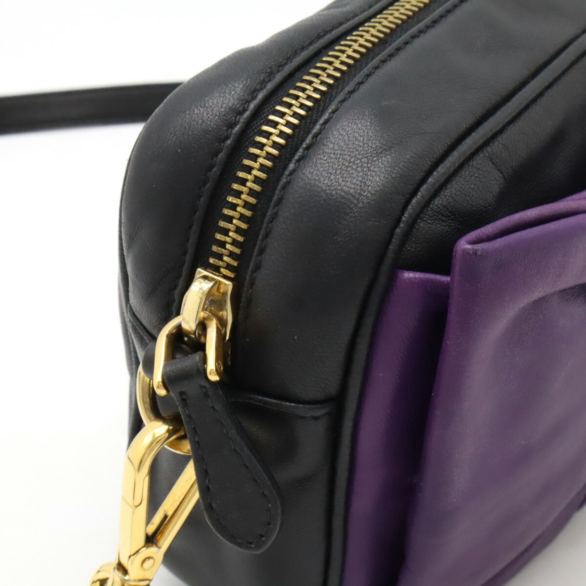 PRADA Prada Ribbon Motif Shoulder Bag Pouch Pochette Clutch Nappa Leather Purple Black BP0166