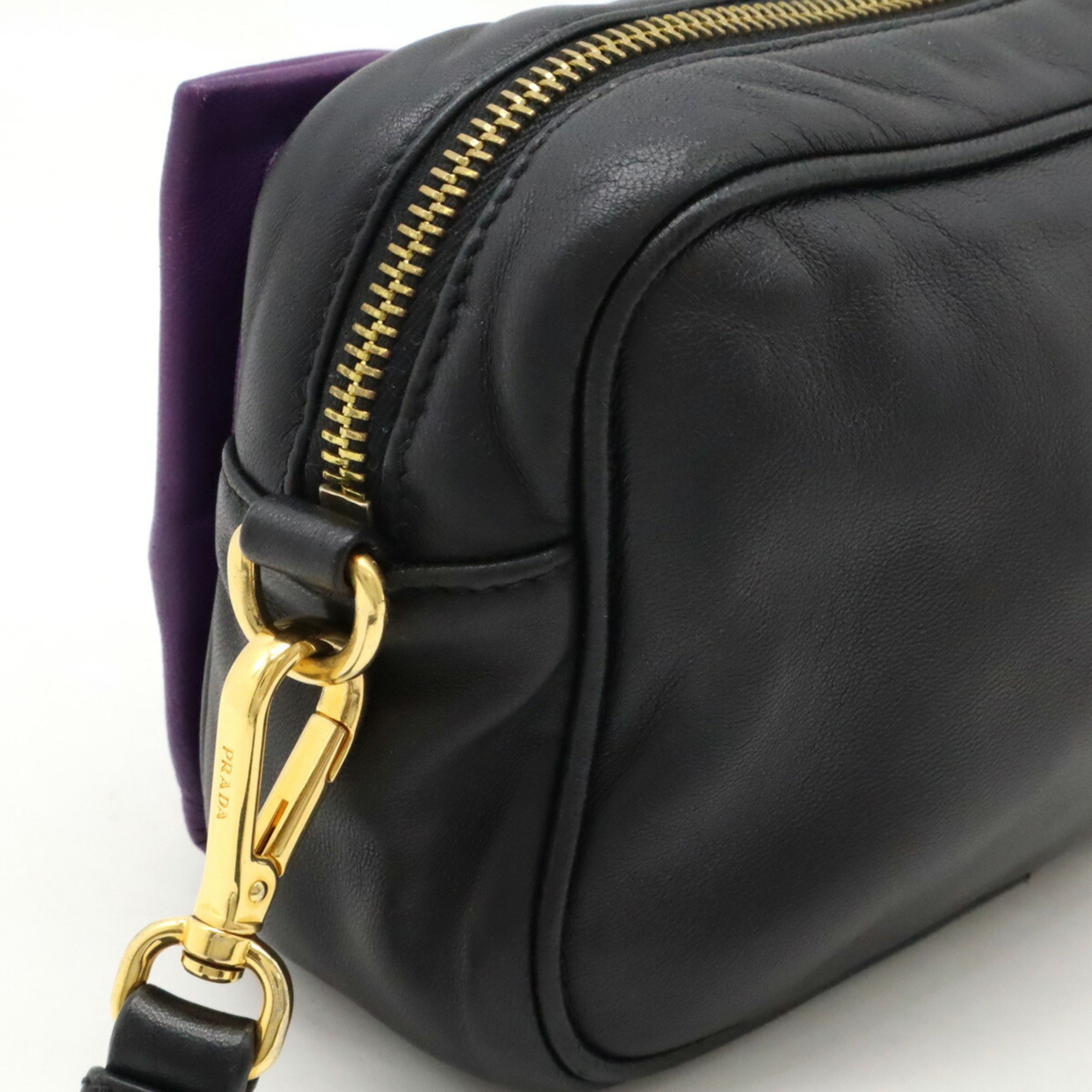 PRADA Prada Ribbon Motif Shoulder Bag Pouch Pochette Clutch Nappa Leather Purple Black BP0166