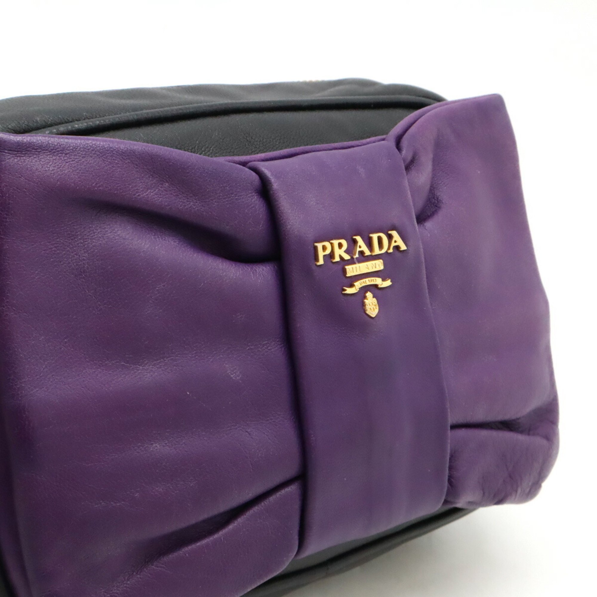 PRADA Prada Ribbon Motif Shoulder Bag Pouch Pochette Clutch Nappa Leather Purple Black BP0166