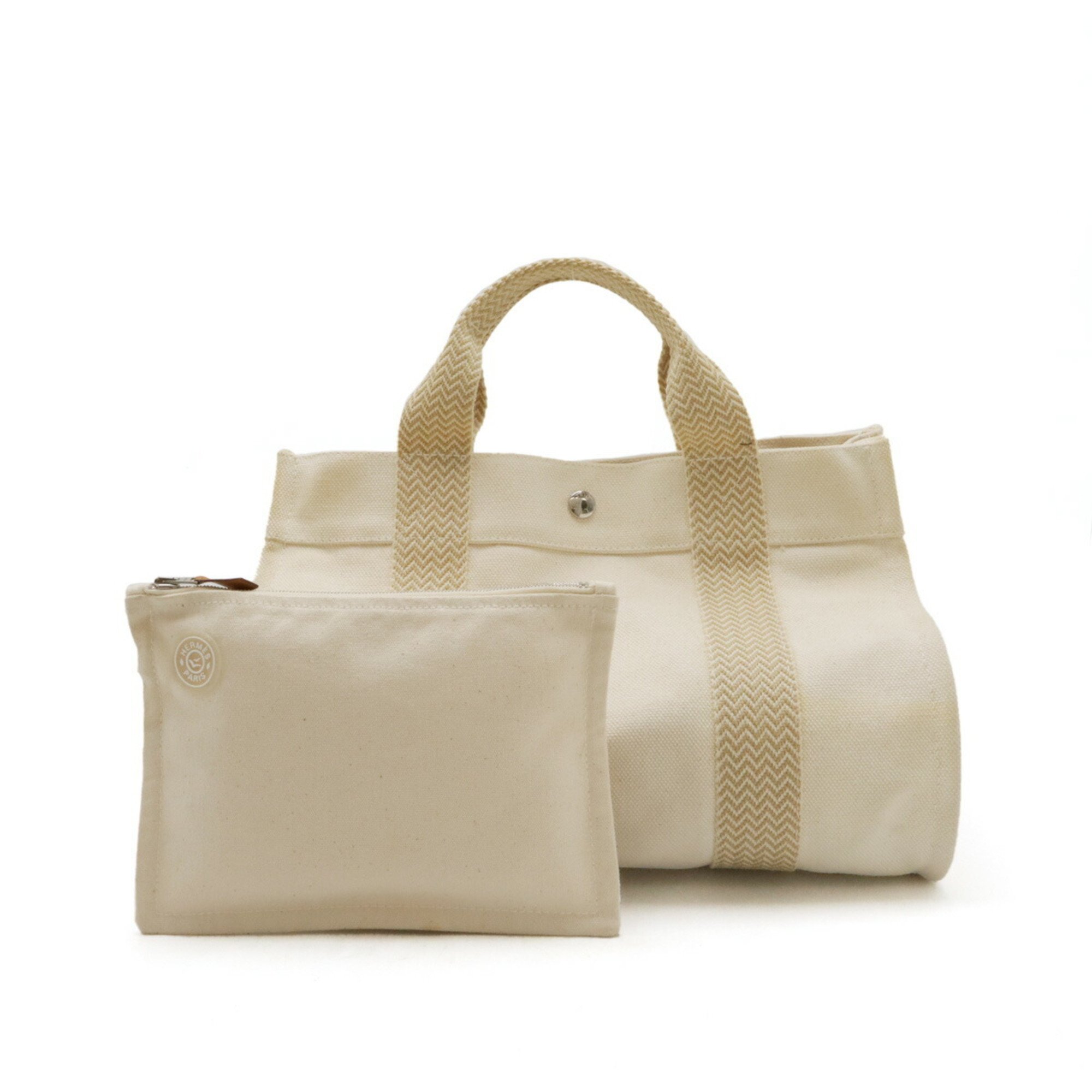 HERMES Cannes PM Tote Bag Handbag Canvas Ivory Beige