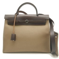 HERMES Hermes Airbag Zip PM Handbag Toile Military Nylon x Cotton Leather Khaki Dark Brown 252130