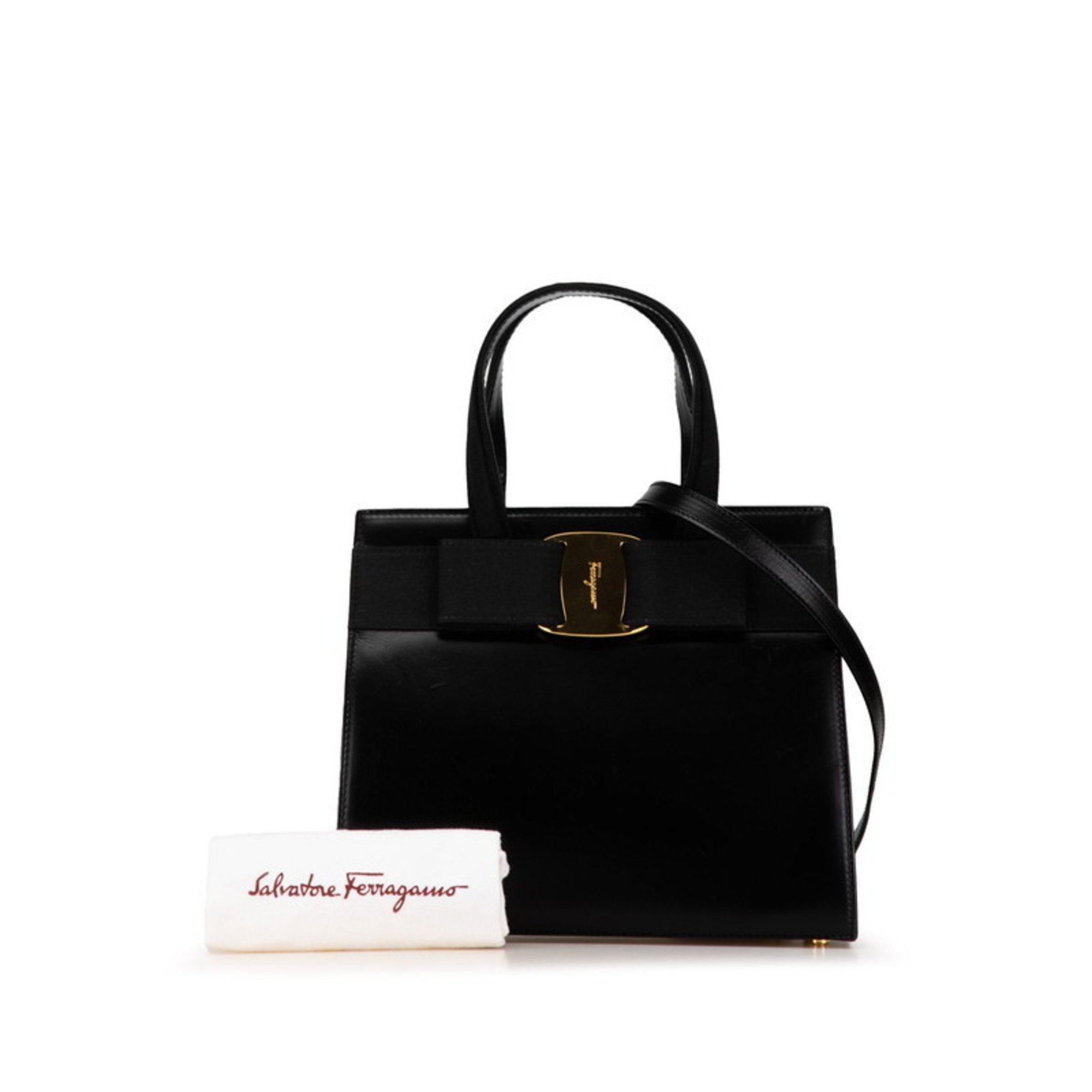 Salvatore Ferragamo Vara Ribbon Handbag Shoulder Bag BA21 4178 Black Leather Canvas Women's