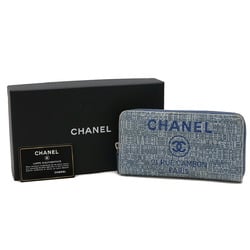 CHANEL Deauville Line Round Long Wallet Tweed Canvas Leather Lamé Blue A80056