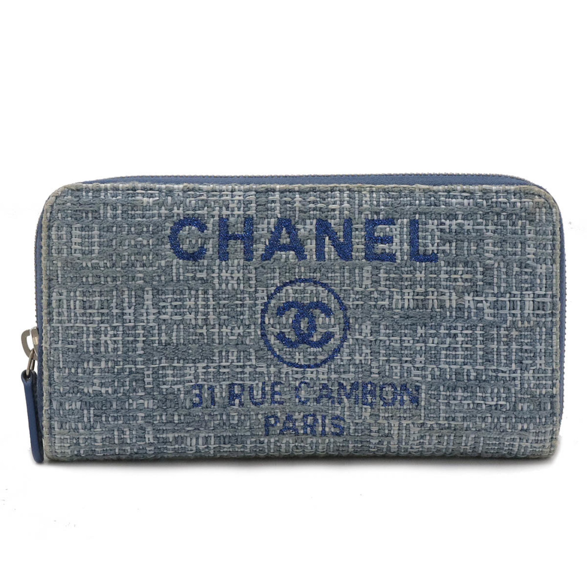 CHANEL Deauville Line Round Long Wallet Tweed Canvas Leather Lamé Blue A80056