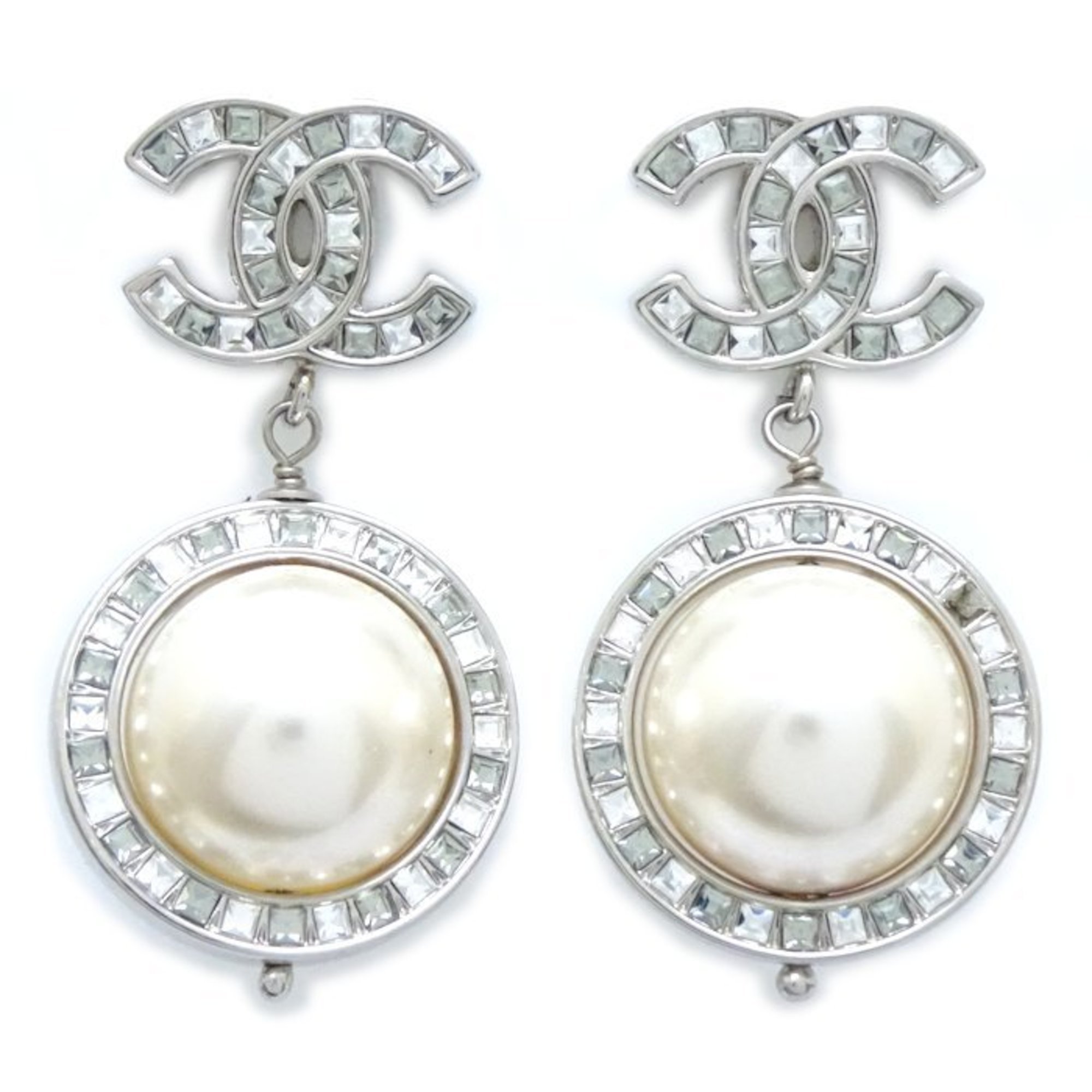 CHANEL Coco Mark Earrings with Rhinestones B18B Silver Plated 292469