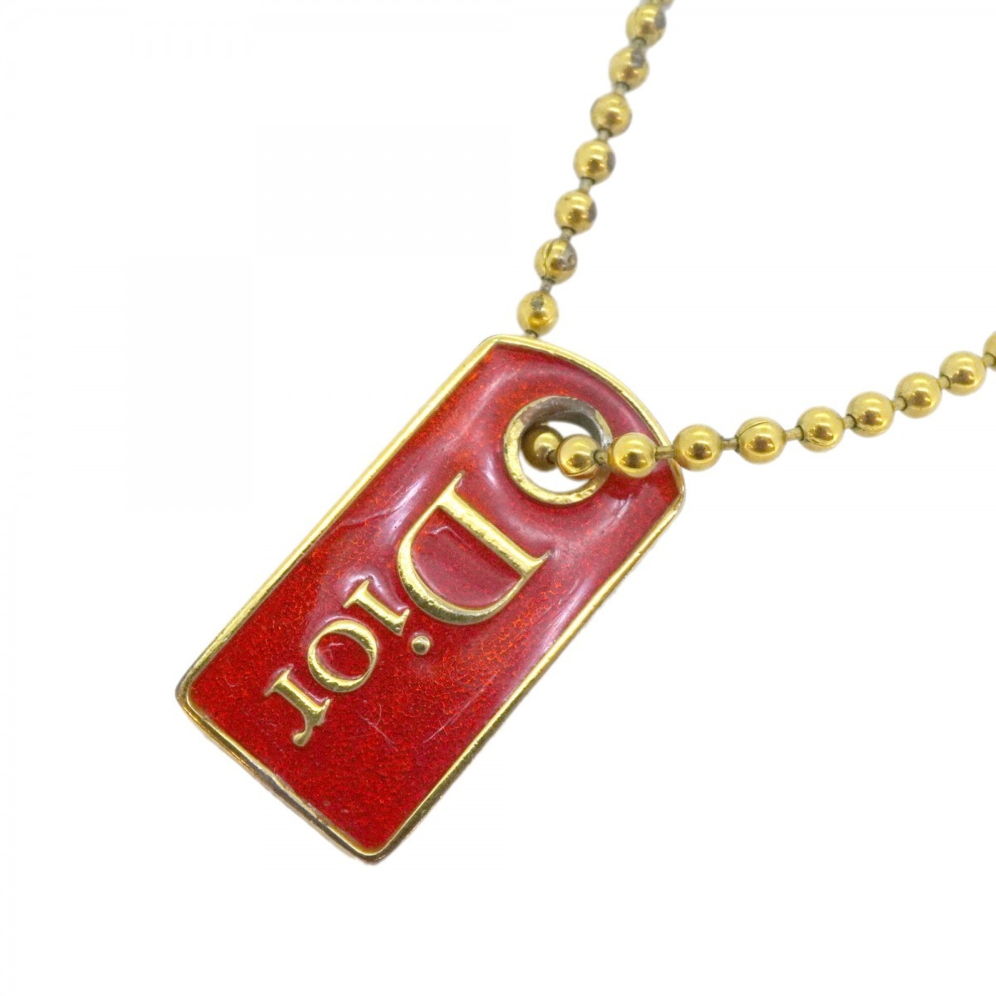 Christian Dior Necklace Plate GP Plated Gold Red Ladies