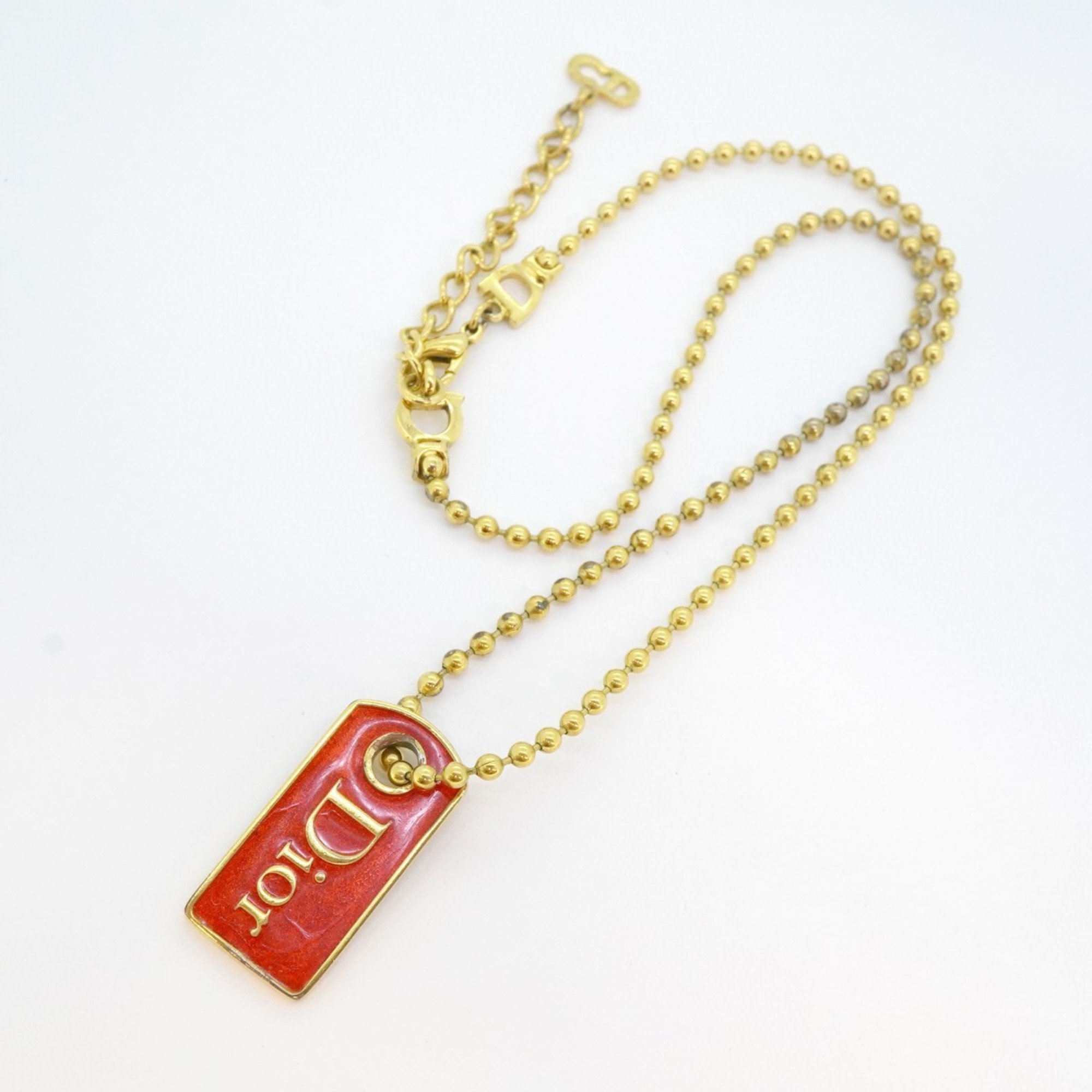 Christian Dior Necklace Plate GP Plated Gold Red Ladies