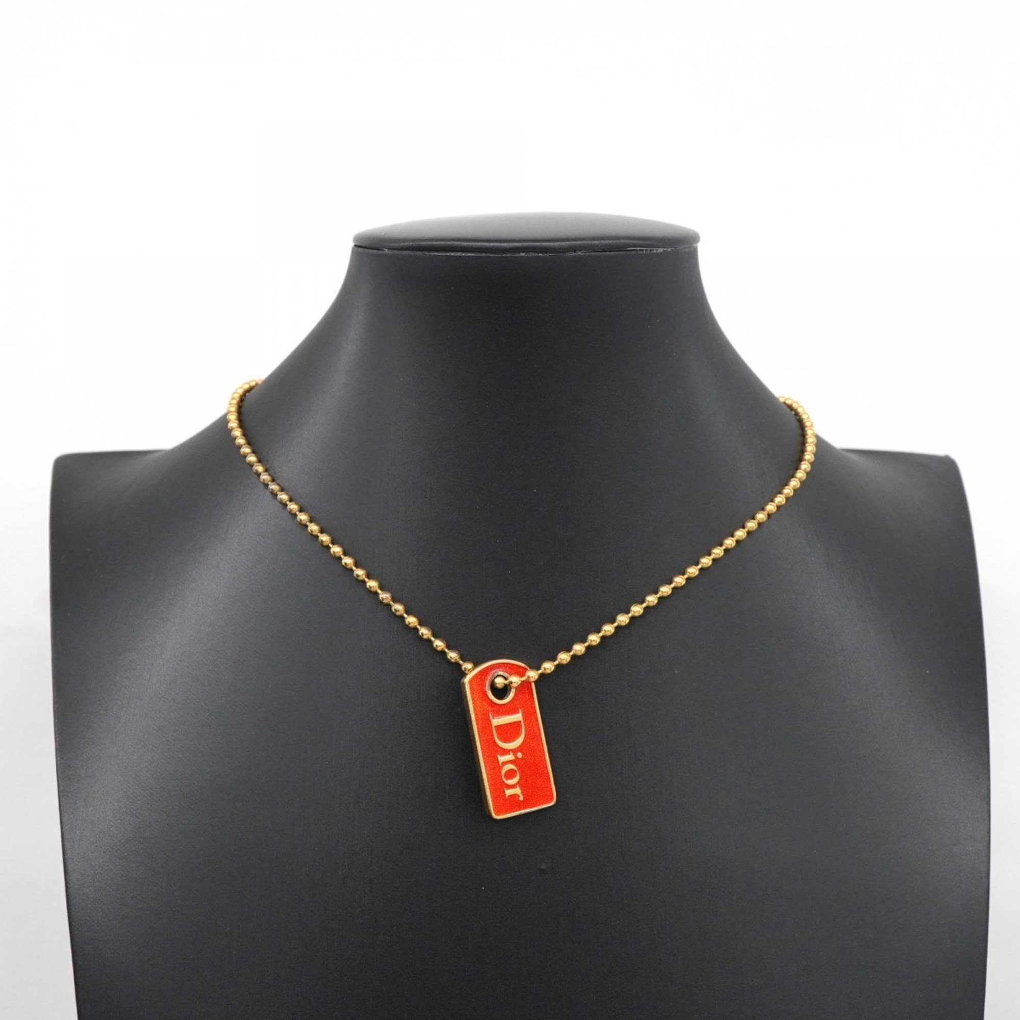 Christian Dior Necklace Plate GP Plated Gold Red Ladies