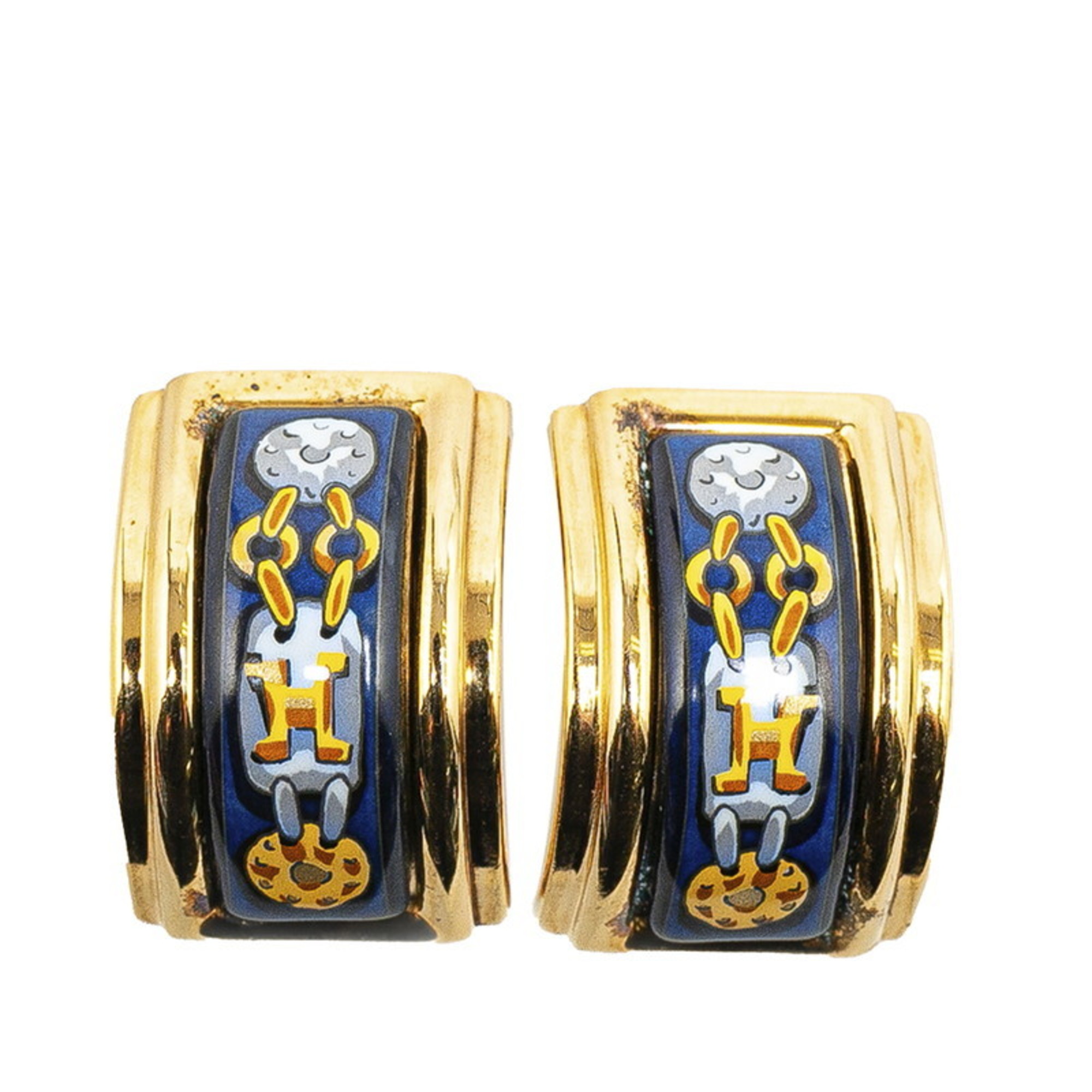 Hermes enamel GM cloisonné earrings gold navy multi-color plating women's HERMES