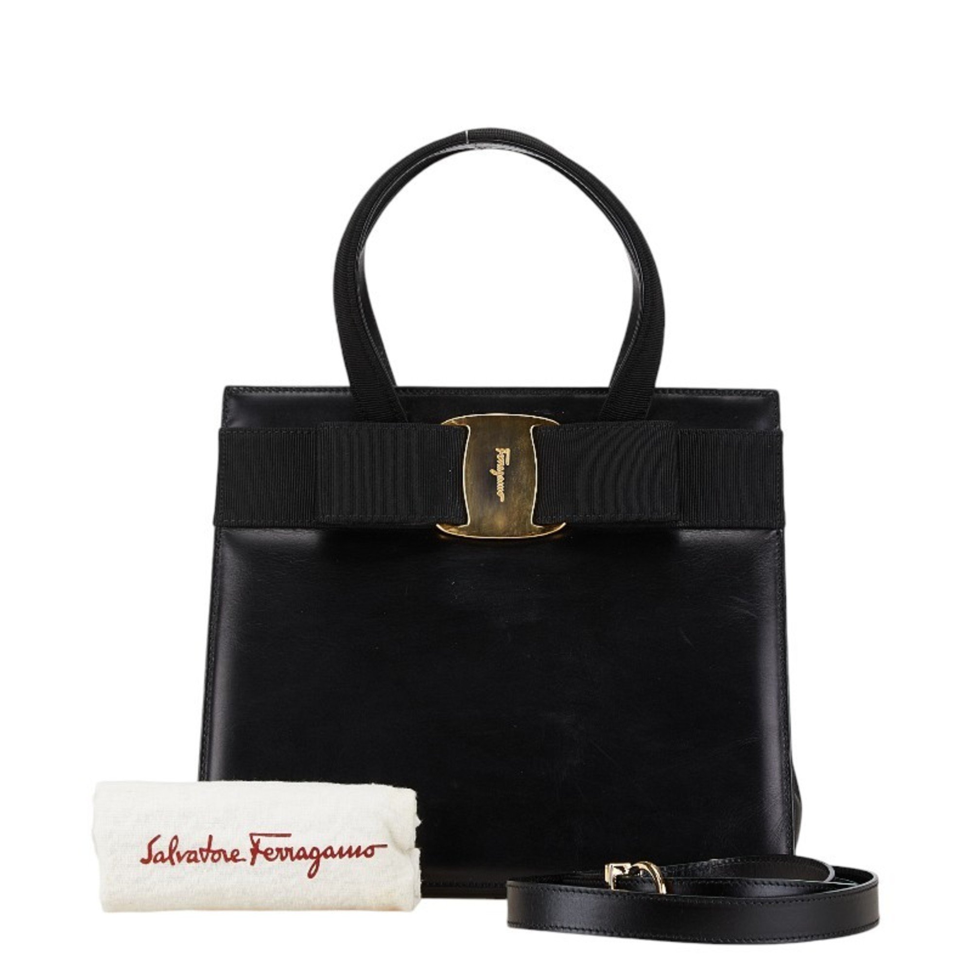 Salvatore Ferragamo Vara Ribbon Handbag Shoulder Bag BA214178 Black Leather Women's