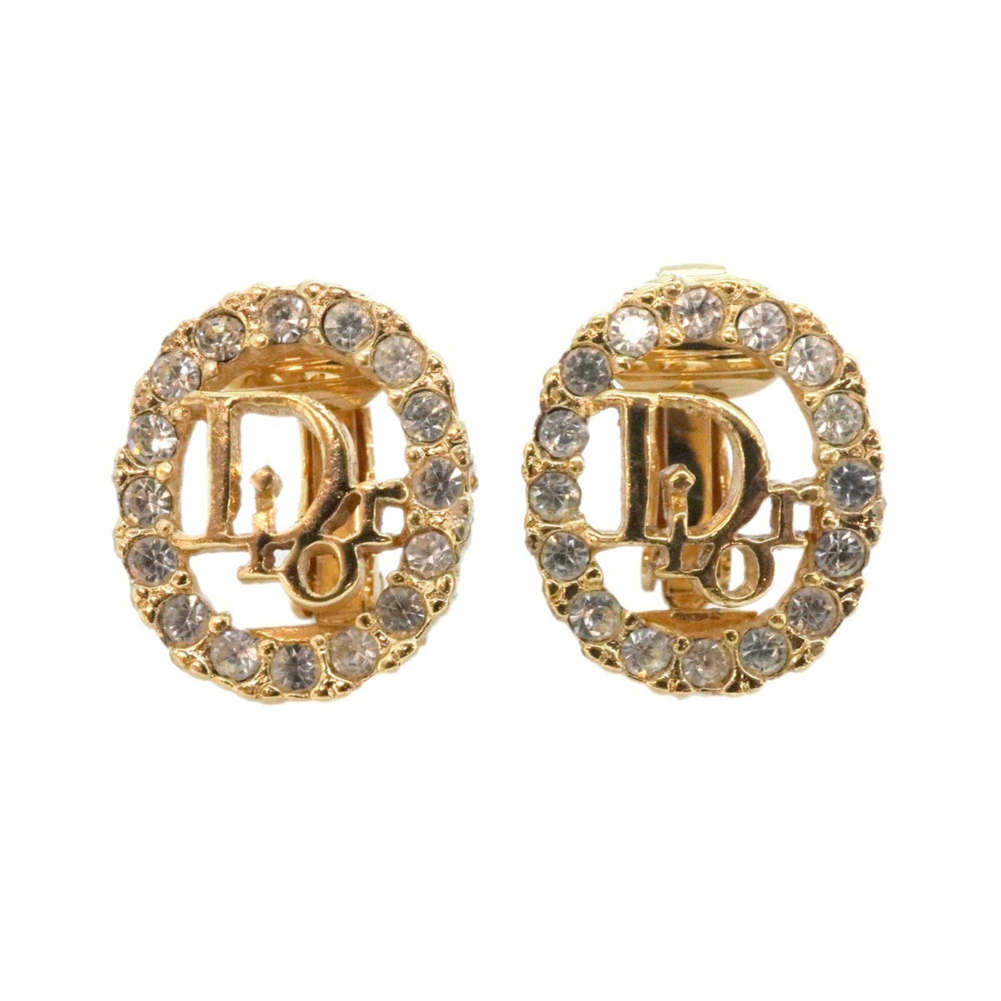 Christian Dior Earrings Oval Rhinestone GP Plated Gold Ladies